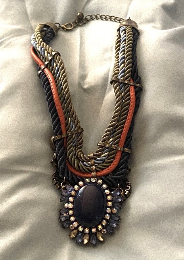 Vintage 18” Necklace Multi Rope Chain Large Pendant Blue Stone Rhinestones Boho
