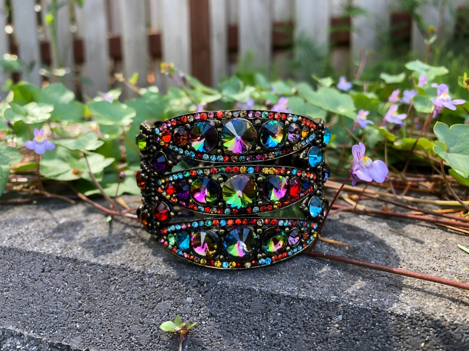 Vintage Multi-Color Crystals Cuff Bracelet w Bronze-Toned Finish – Swarovski