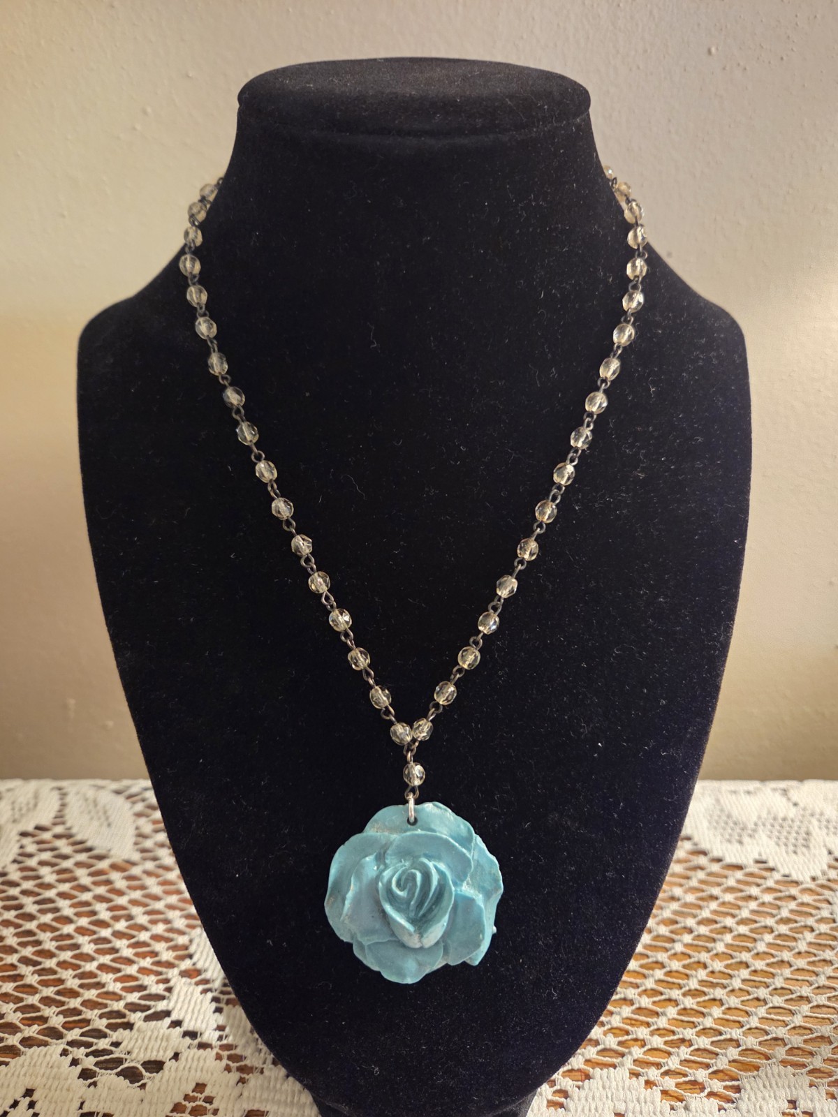 Vintage Enamel Turquoise Rose On Gray Beaded Necklace