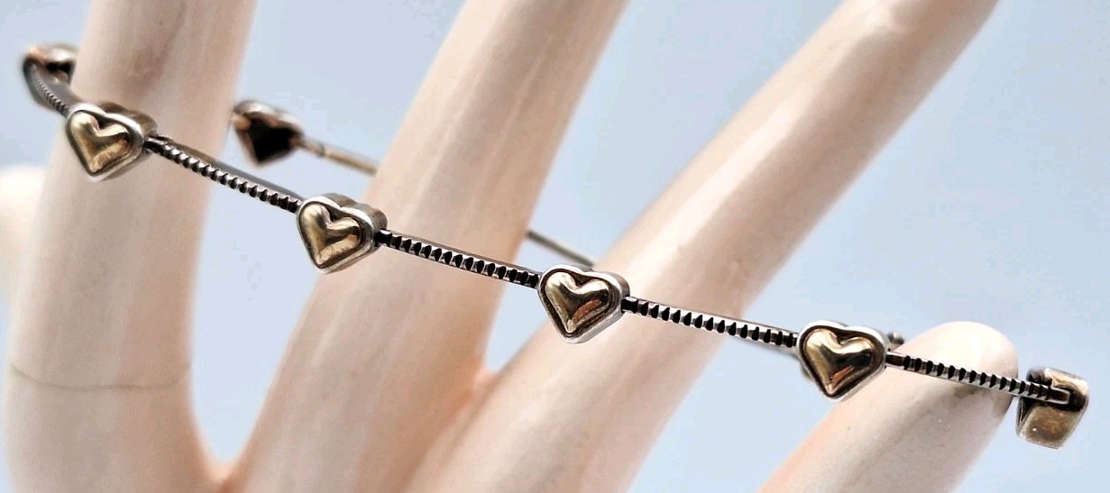 VTG STERLING SILVER & 14K WJ Signed TwoTone Puffy Heart Bar Link Dainty Bracelet