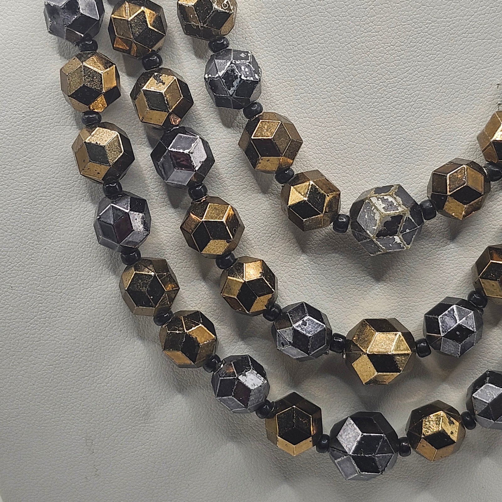 Vintage W Germany Multi Strand Beaded Necklace Gold Silver Tone Geometric READ