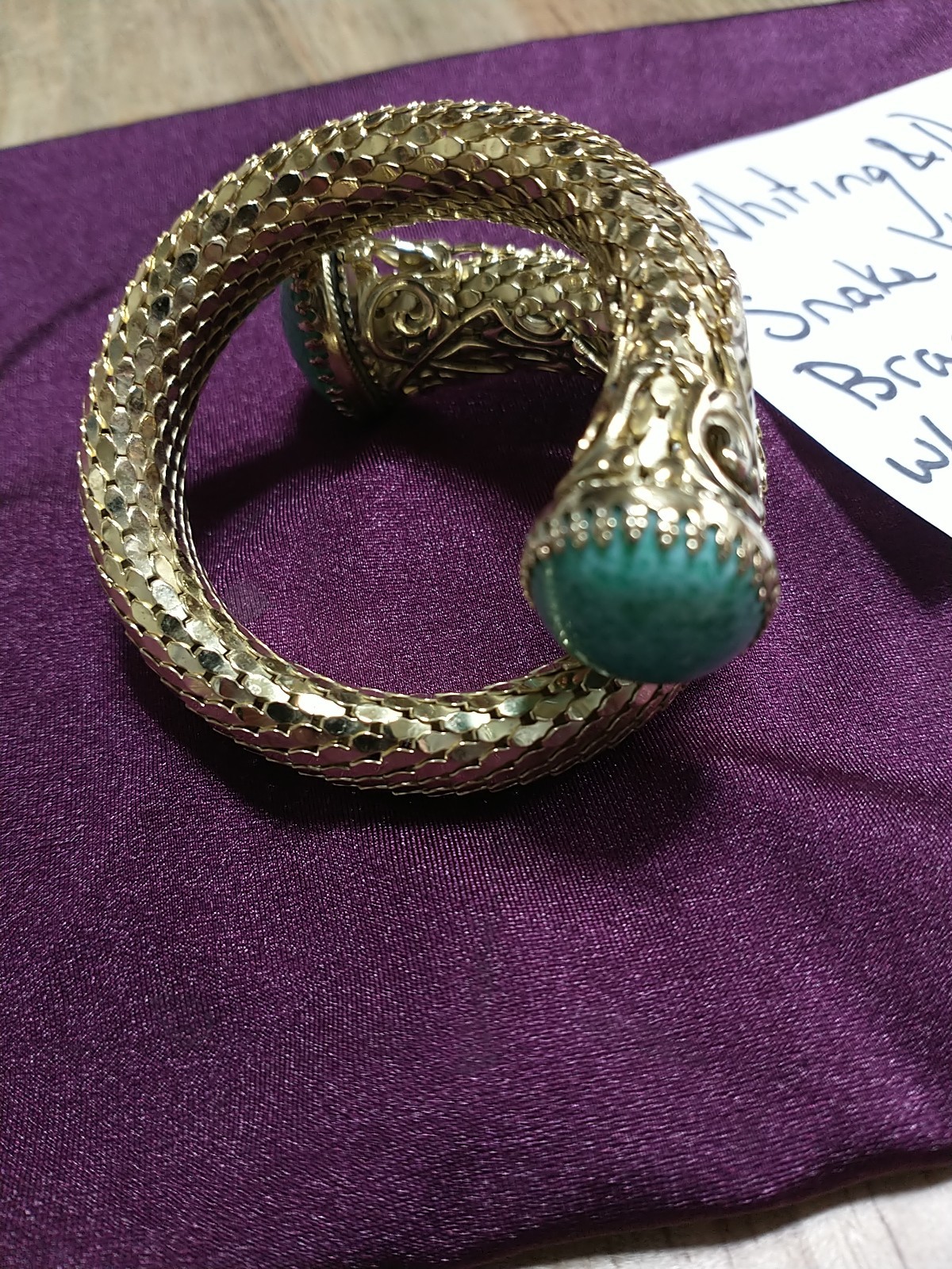 VINTAGE WHITING & DAVIS Mesh Snake Wrap Bracelet Green Peking Glass Cabochon