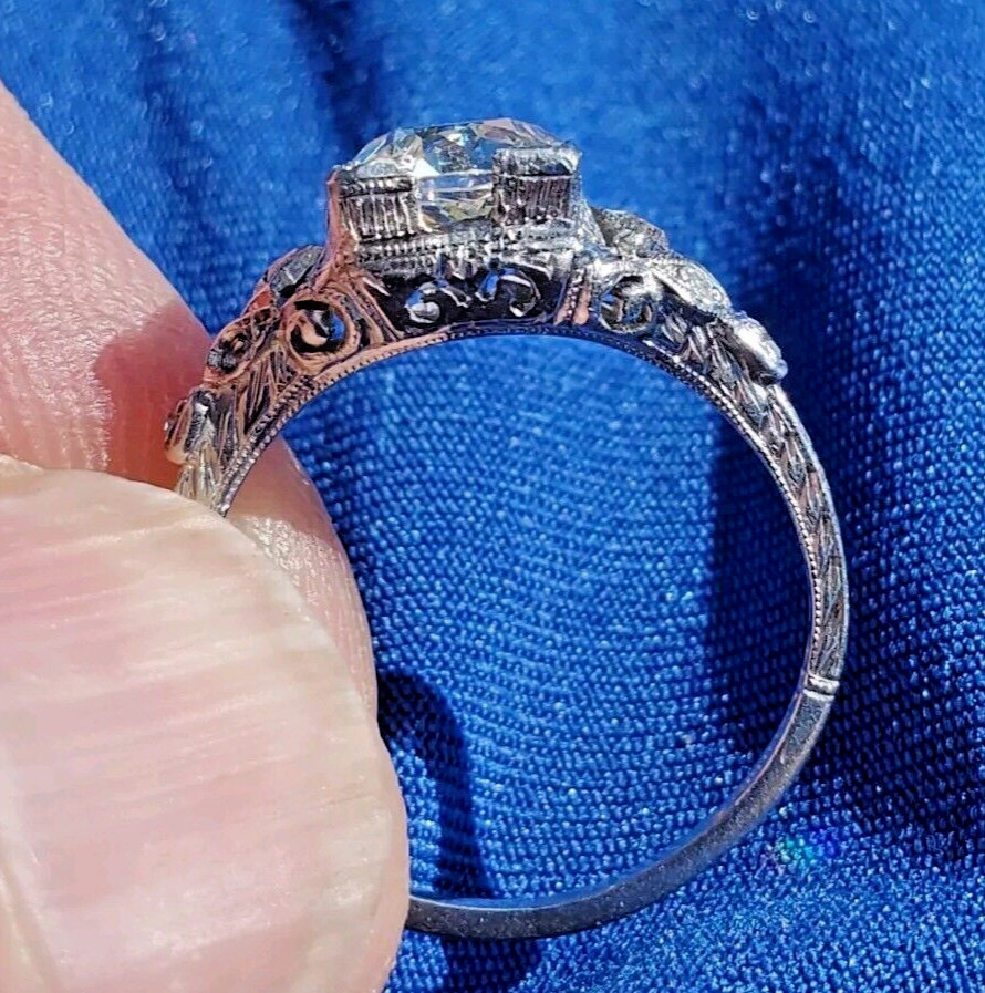 Original EARTH MINED DIAMOND Deco Engagement Ring 1.5 Antique Platinum Solitaire