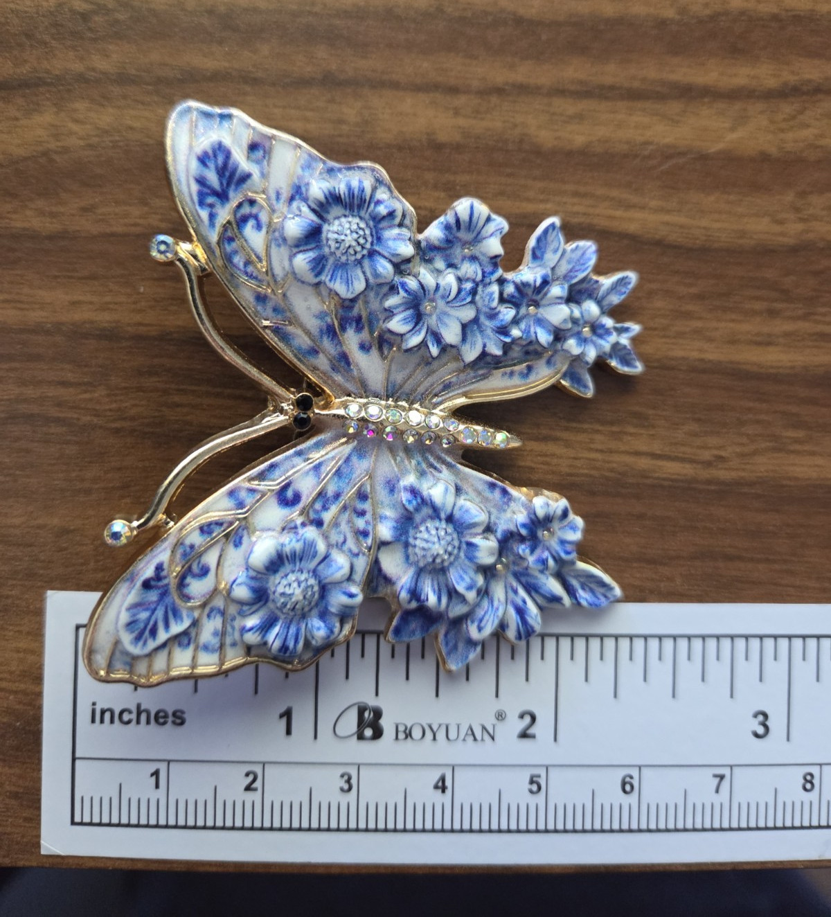 Blue Butterfly Brooch Gorgeous 3D Art Gold Tone & Rhinestones in Pink Gift Pouch