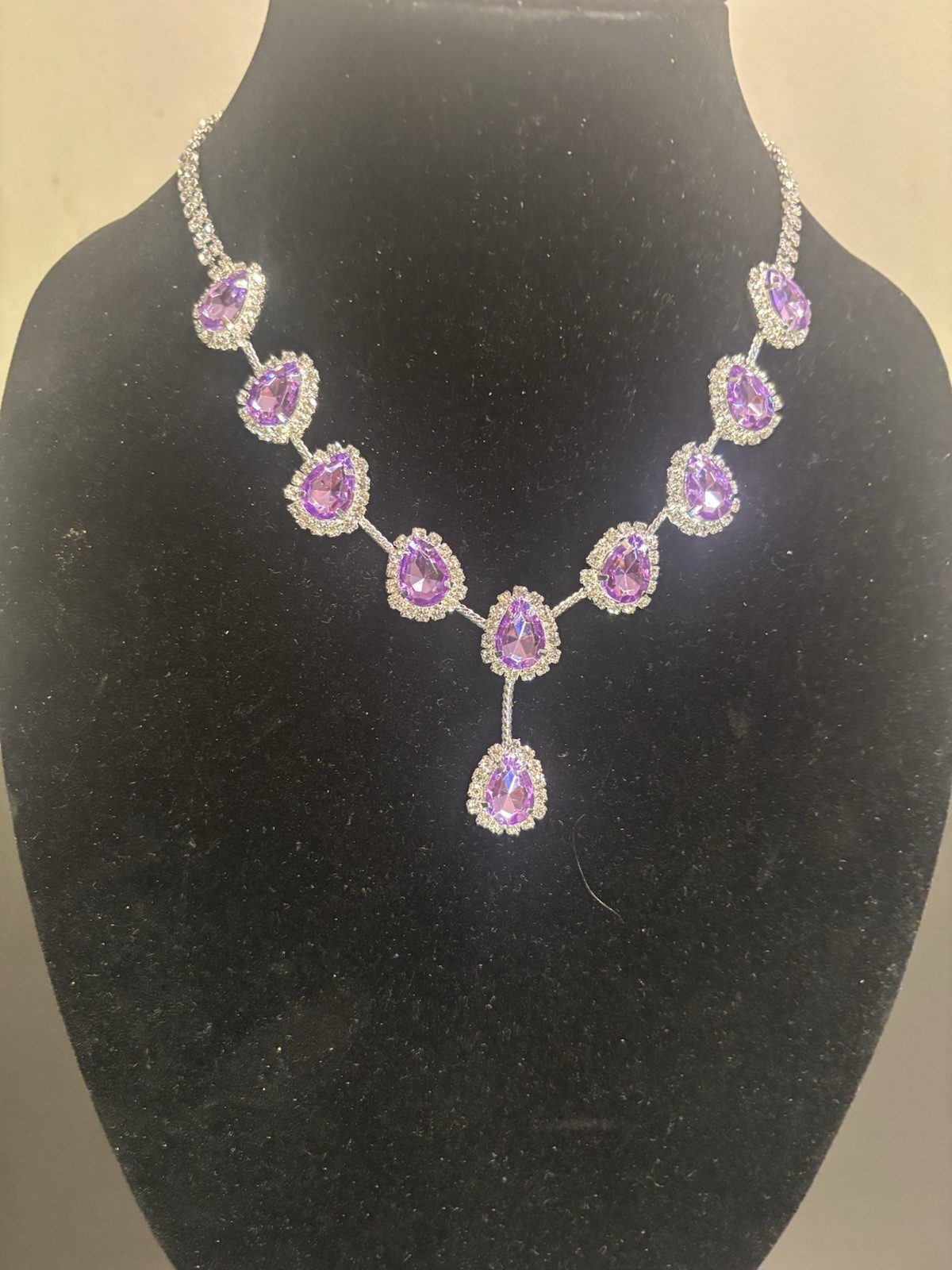 Vintage Purple Rhinestone Silver Tone Necklace, with earrings- breathtaking