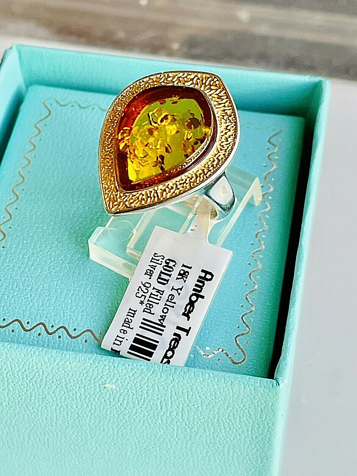 14K Gold Filled Baltic Amber Ring Size 6,0 Egg Yolk Butterscotch Polish Silver