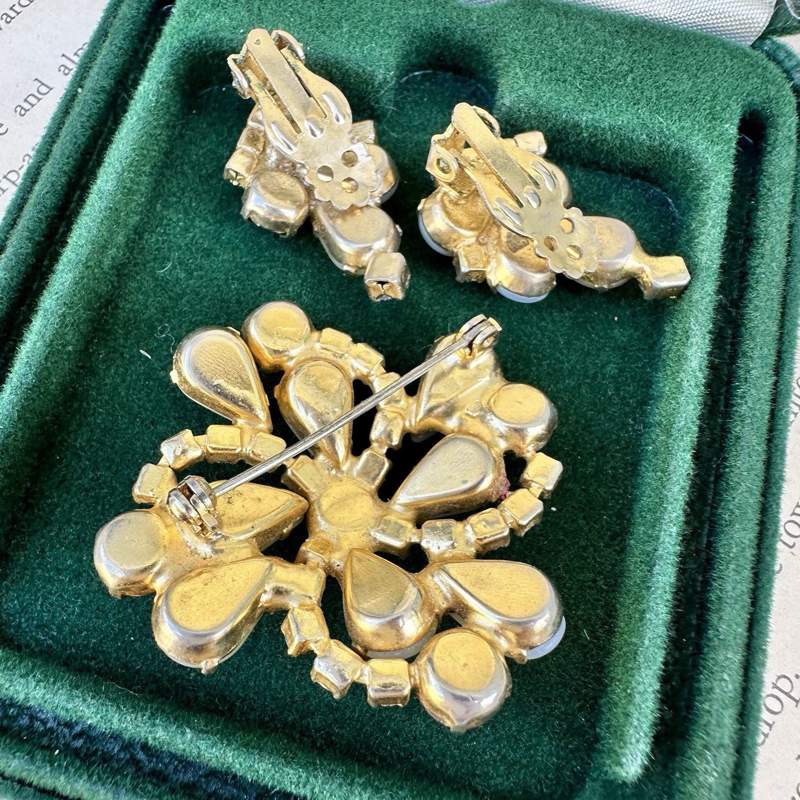 Vintage Opaline Brooch Earrings Set Juliana Kramer Style AB Rhinestone Glass