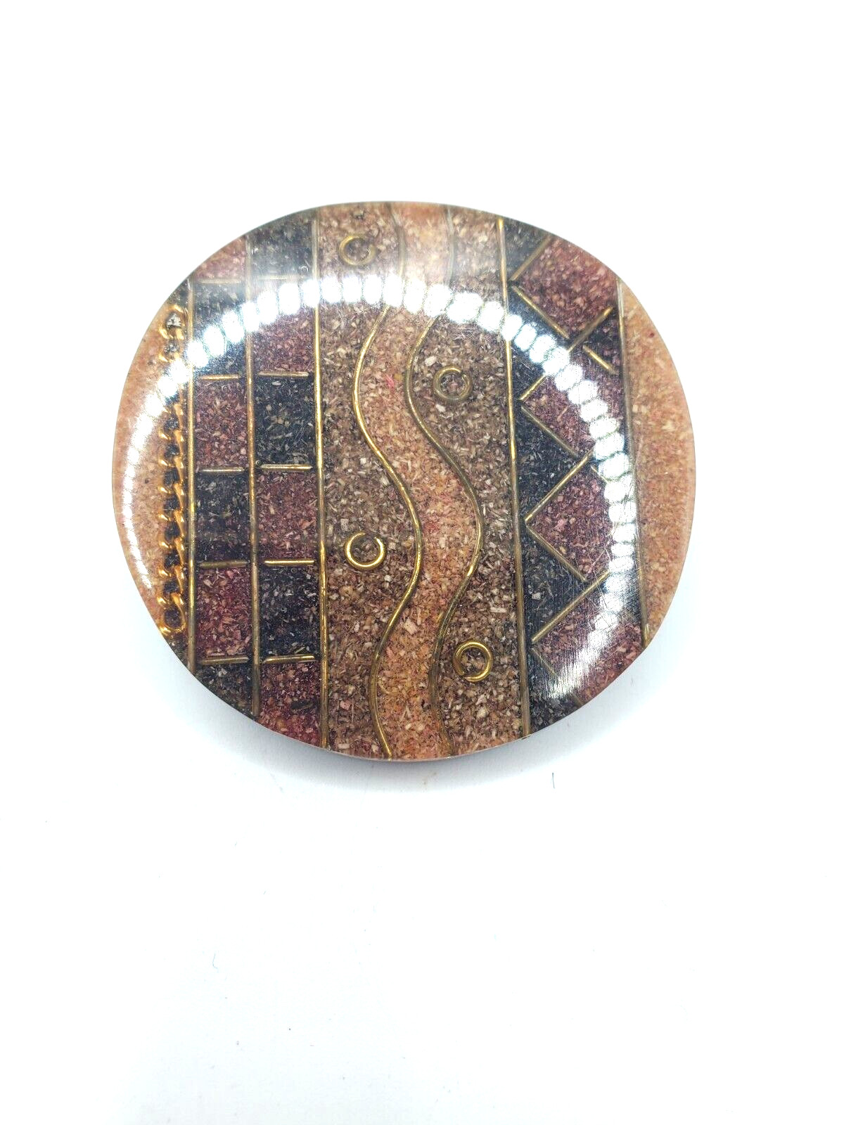 Vintage Plastic Resin Layered Brown Gold Black Round Geometric Pin 1970s
