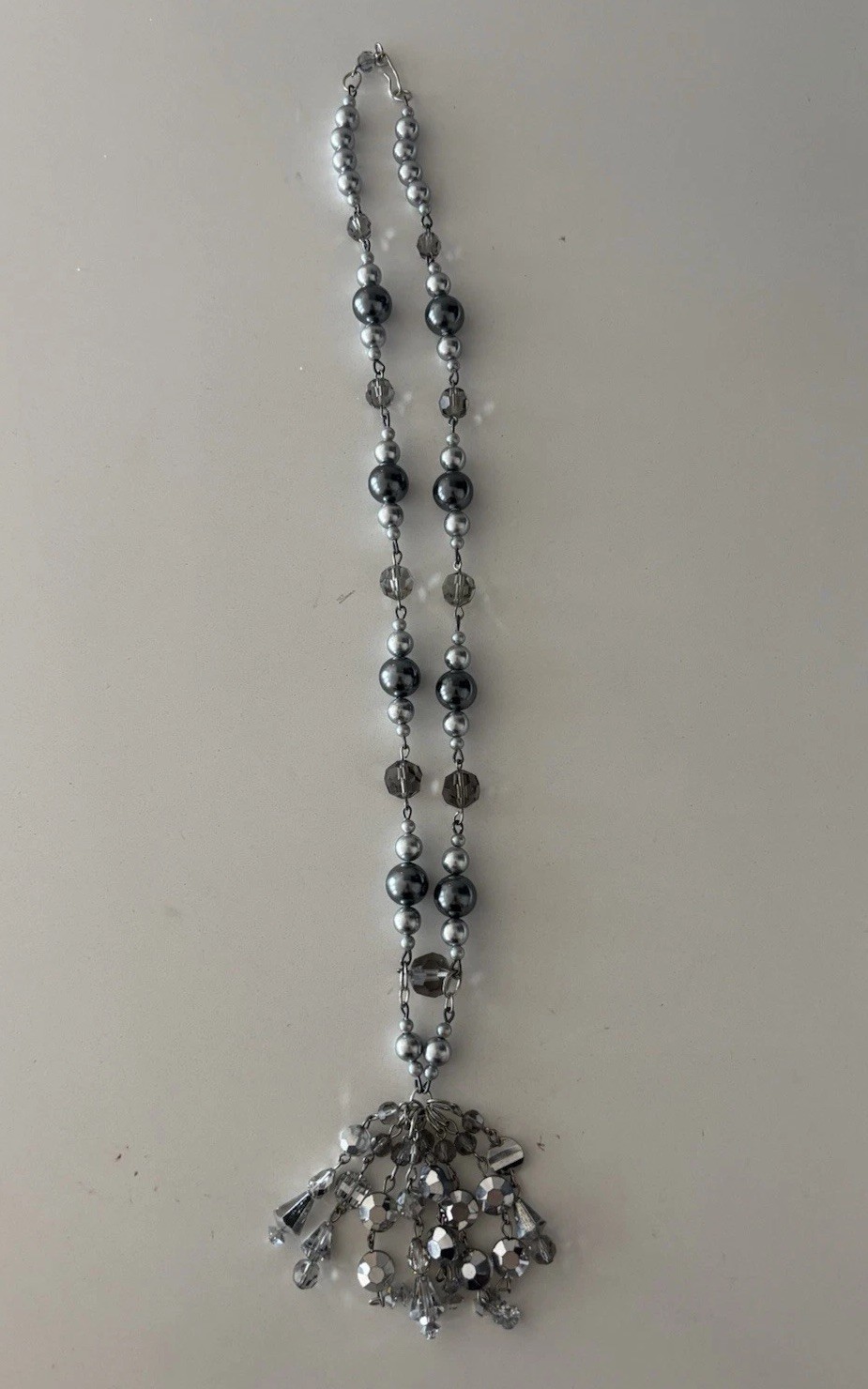 Vintage Silver Tone Beaded Tassel Necklace Gray Crystal Statement Pendant