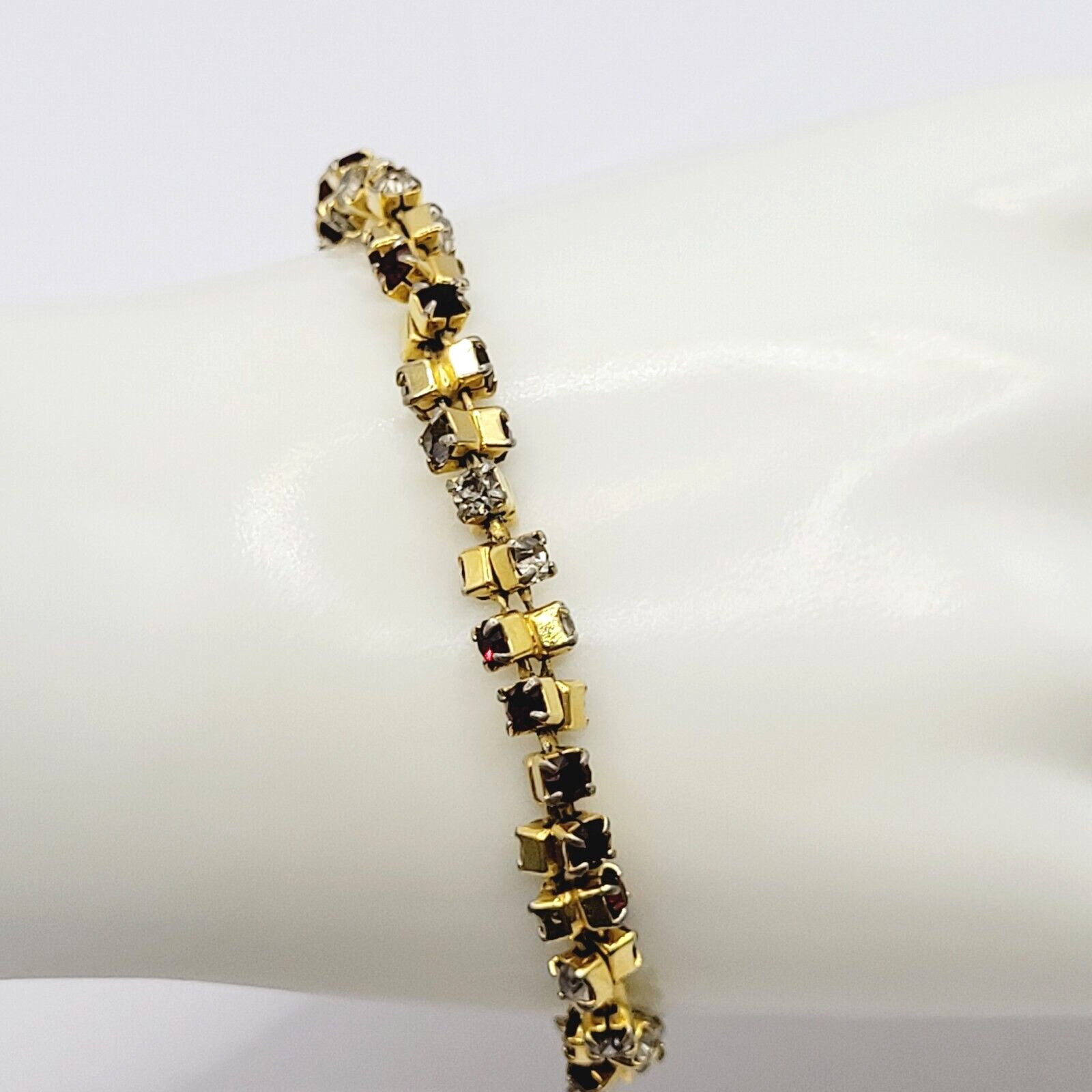 Unique Slightly Brutalist Style Gold Plated Bracelet Red White Rhinestone 7.5 In