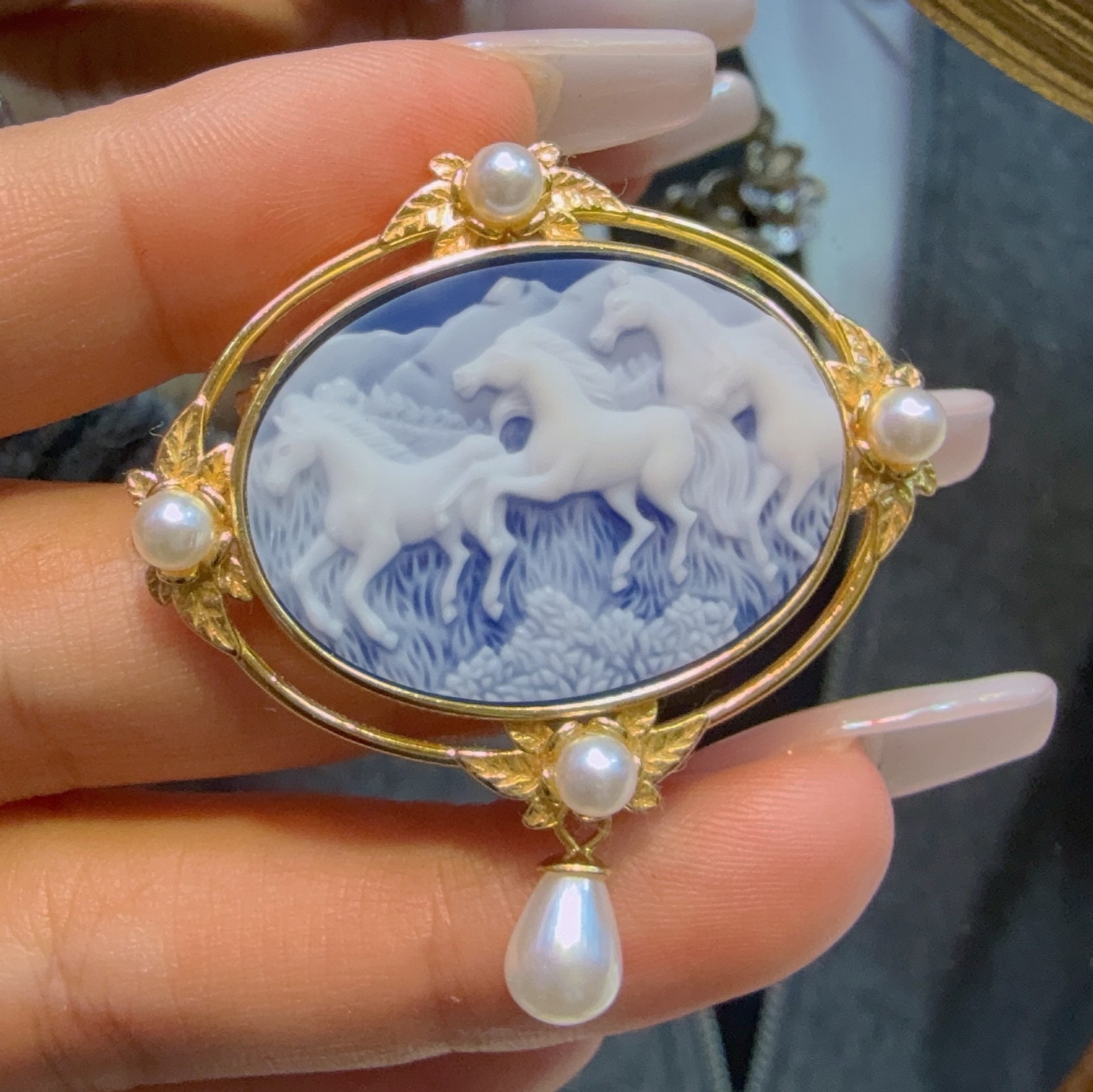 vintage Cameo Brooch pendant blue agate silver antique jewelry anniversary gift