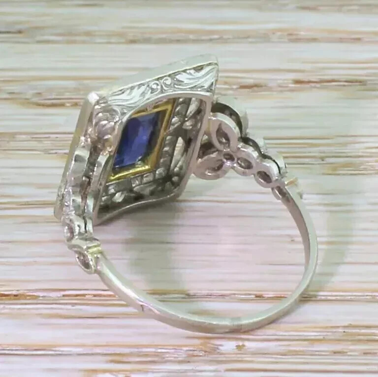 Art Deco Vintage Style Lab Created Sapphire 14K White Gold FN Engagement Ring