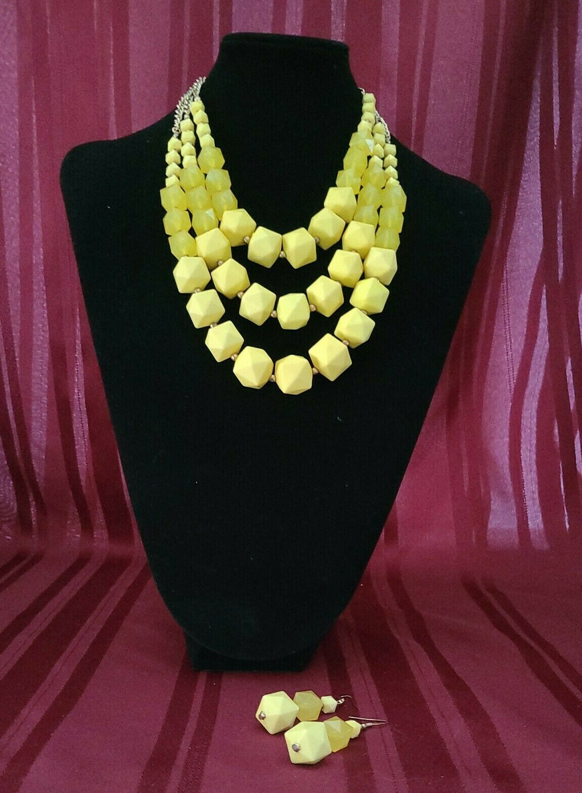Yellow Faceted Square Beads 3 Strand Necklace with Matching Pierced Earrings