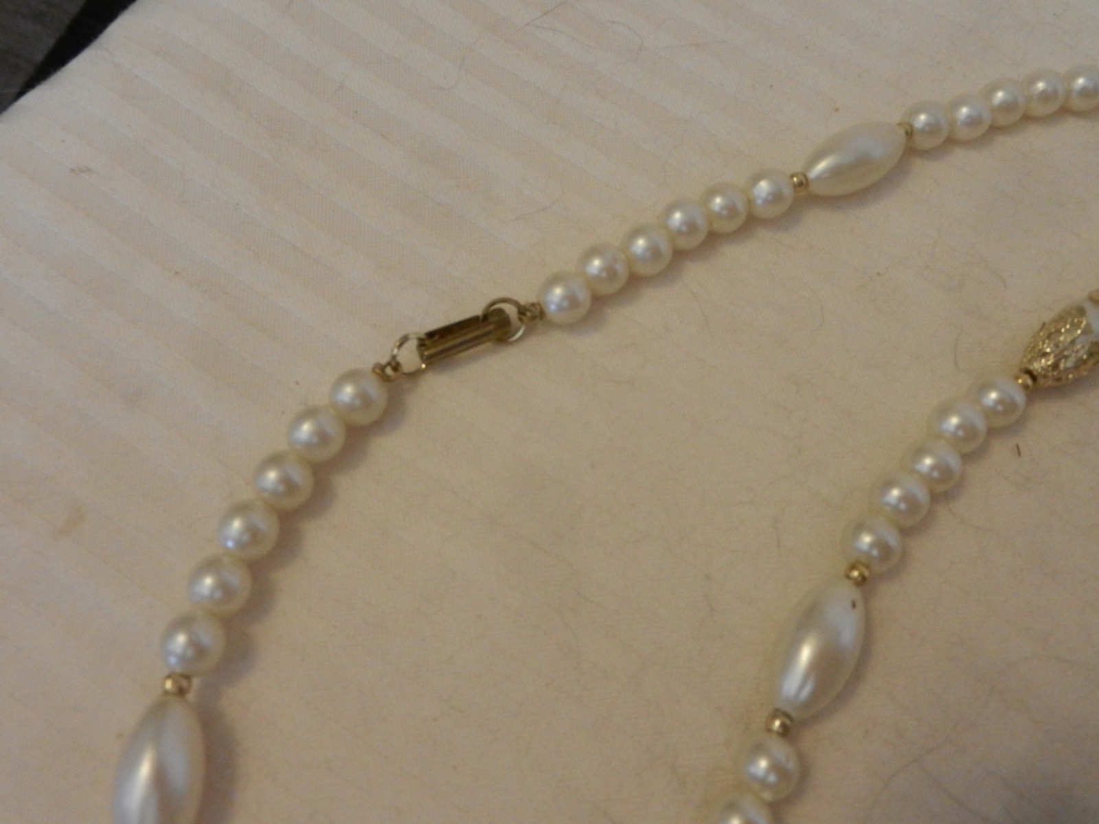 Vintage Stranded White Ball & Ovals with Silver Necklace 54″ Long from Hong Kong