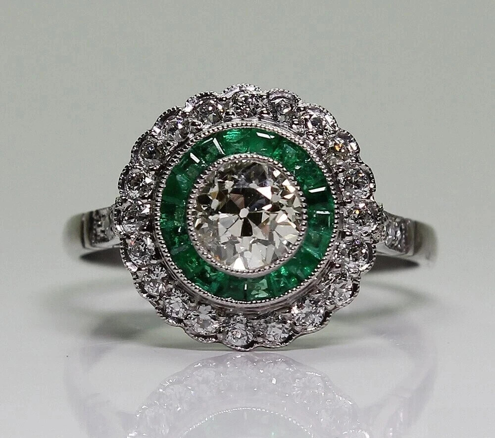 Art Deco Style Lab Created Diamond & Emerald Wadding 14K White Gold Finish Ring