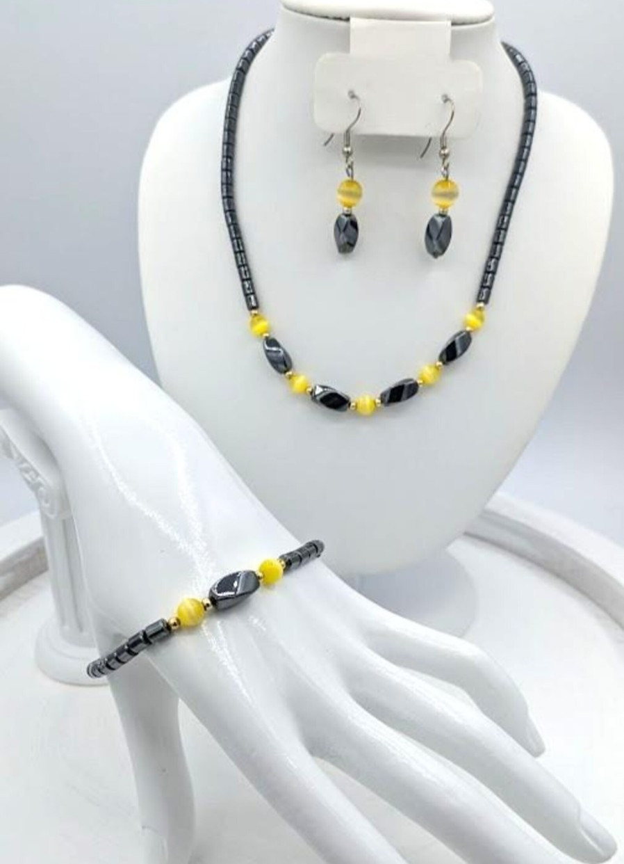 Vintage Hematite 3 Pc SET Bracelet Earrings NecklaceYellow Cats Eye Beads