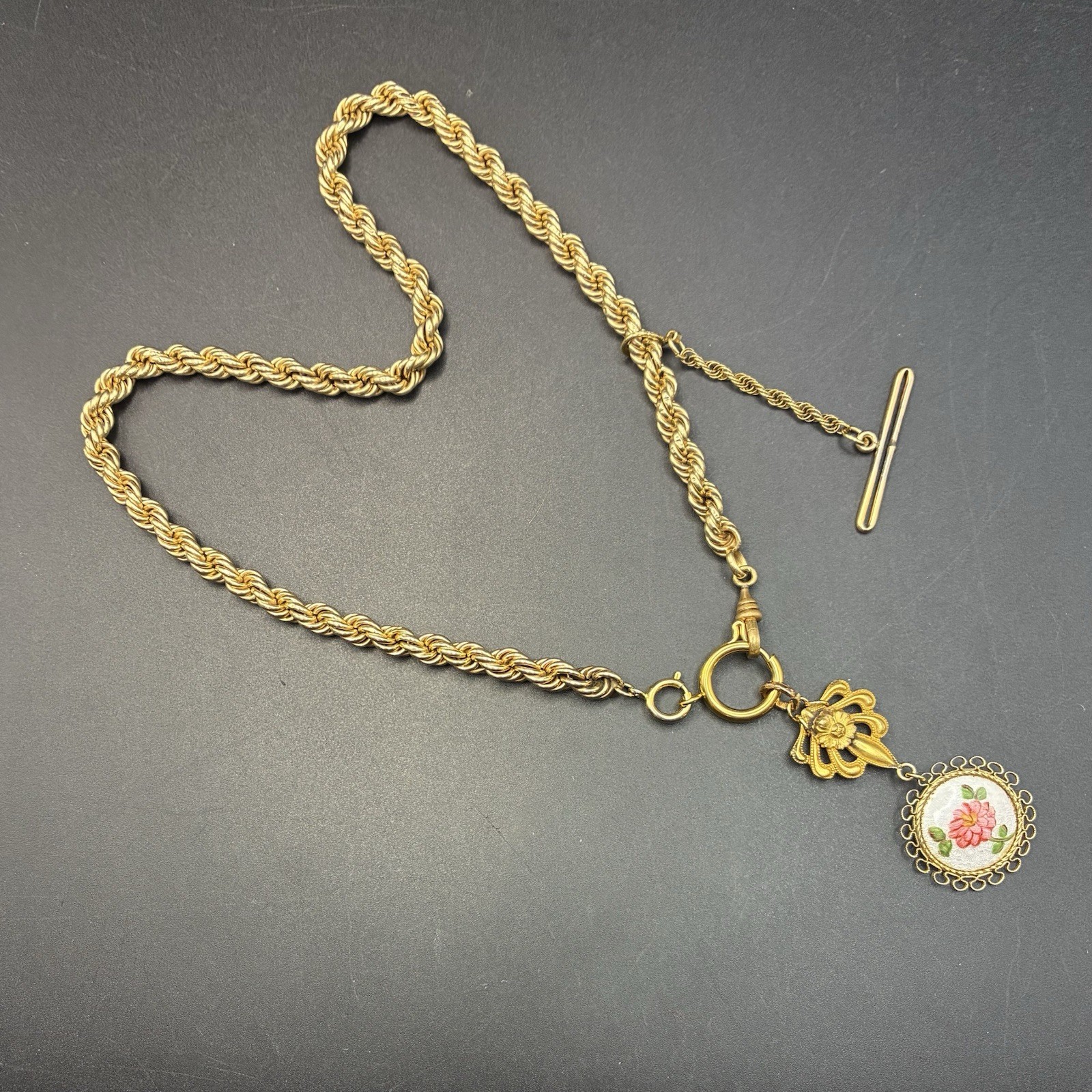30g Vintage 12k Gold Filled Pocket Watch Chain FOB, Dog Clip T-Bar, GF Guilloche
