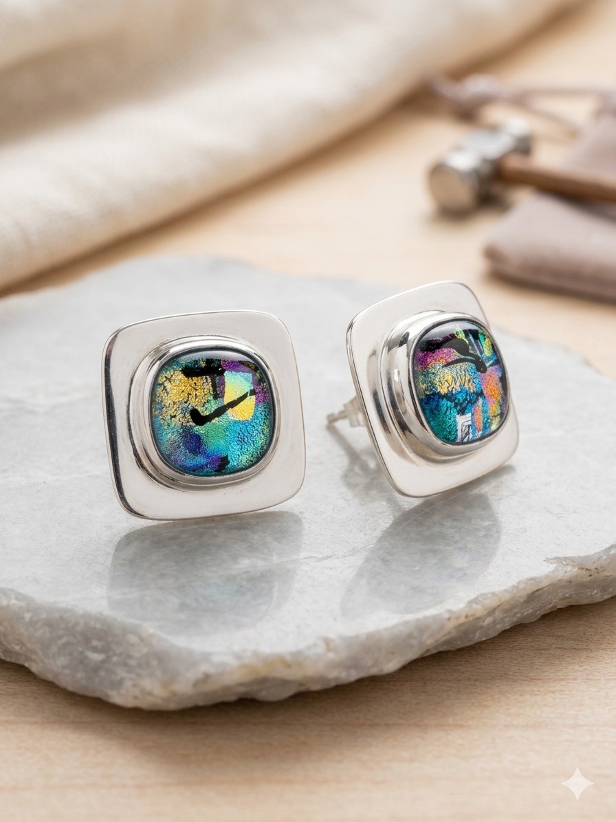 Vintage 925 Sterling Silver Dichroic Glass Earrings, Square Cushion.