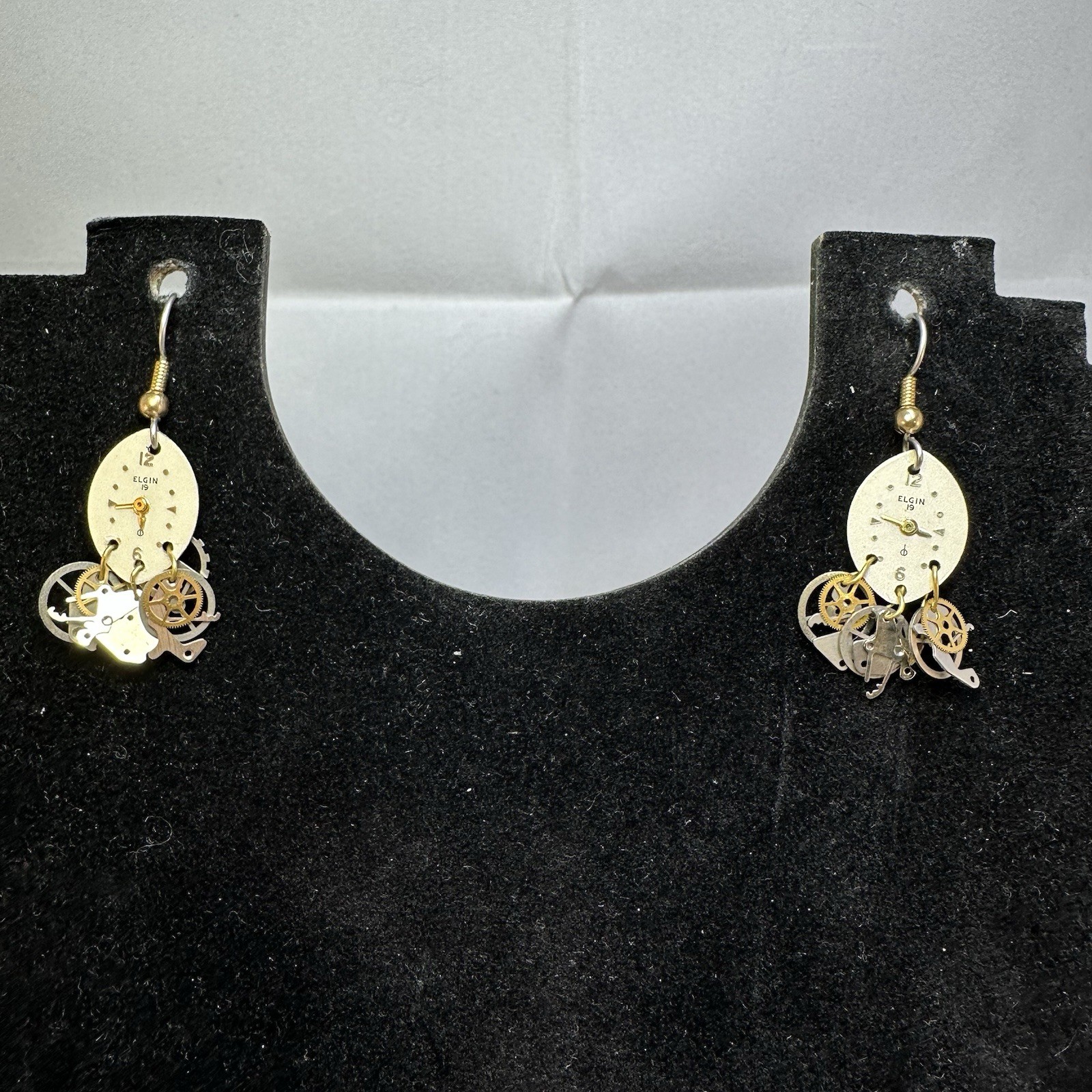 Vtg ELGIN Thin White Dial Dangle Earrings Watch Clock Unique Handmade