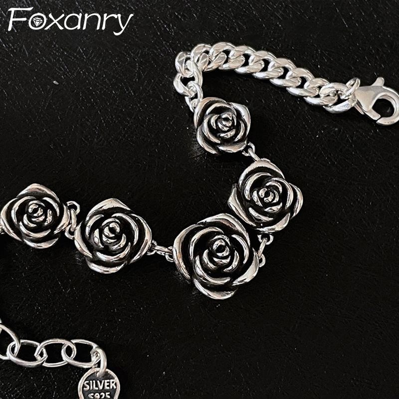 New 925 Sterling Silver Vintage Roses Flower Chain Bracelet Trendy Style Bangle