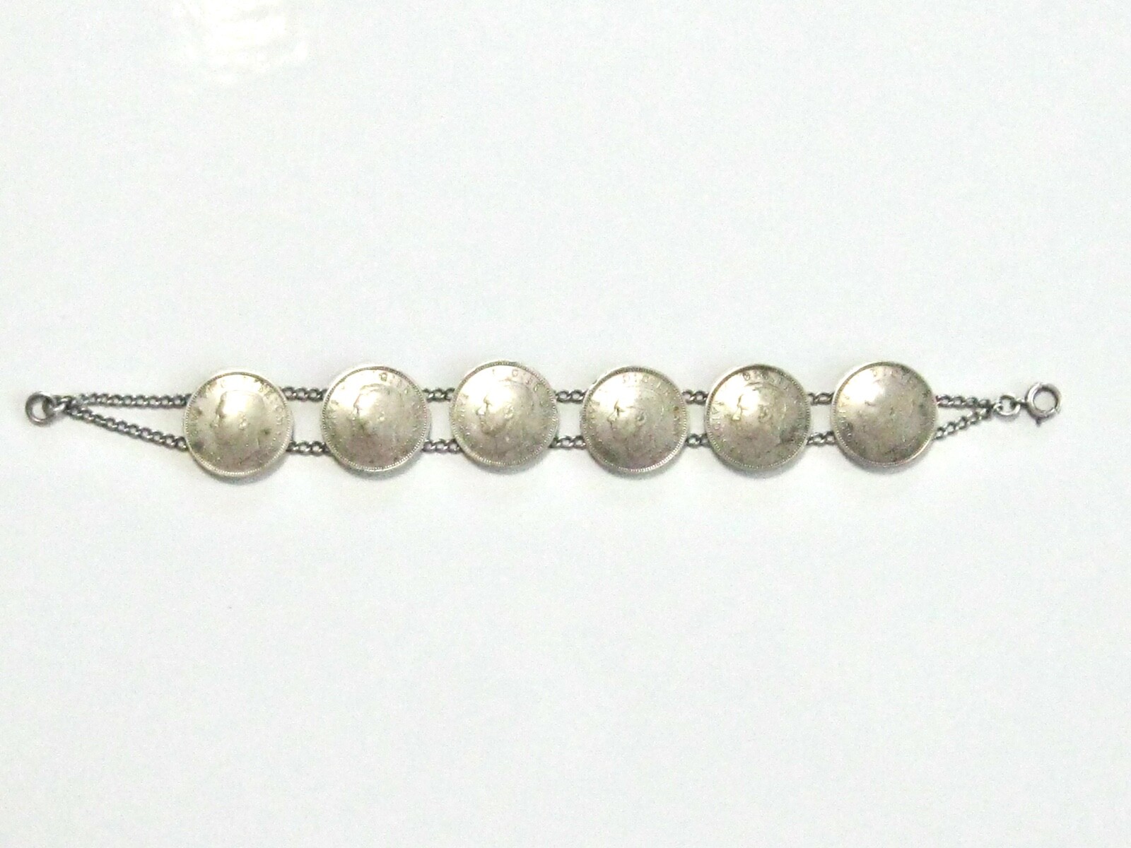 GOOD LUCK ENGLISH 1940’S 6 GREAT BRITAIN SIXPENCE COIN WEDDING LINE 7″ BRACELET