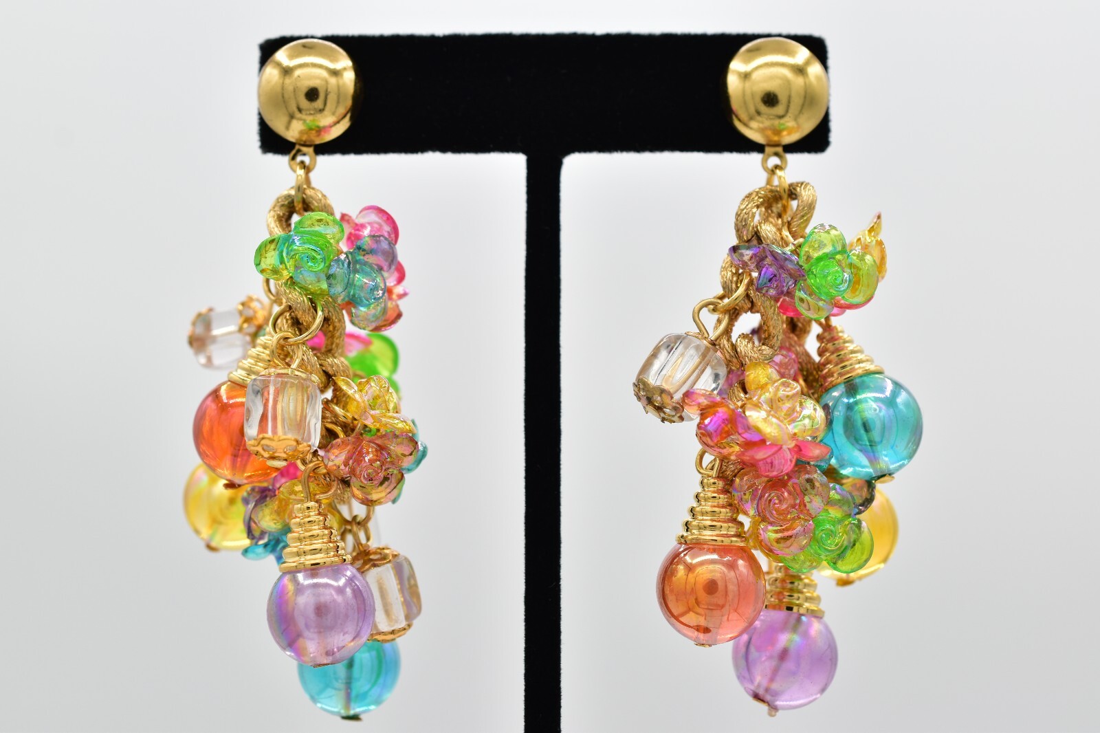 Vintage Ornament Beaded Dangle Earrings Chain Multi-Color Lucite Chunky NOS A28