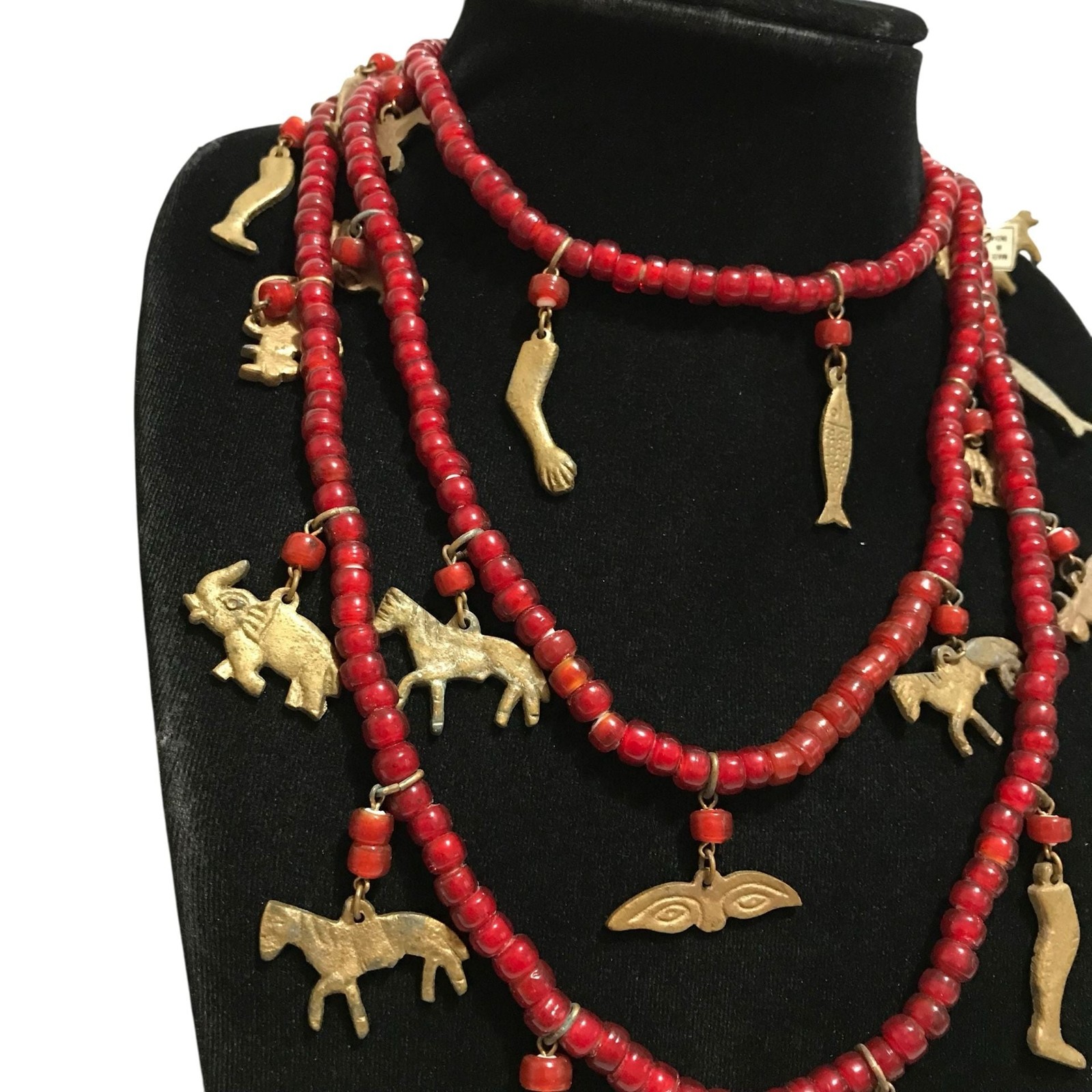 Vintage Chachal Red Glass Bead Necklace Brass Animal Charms 56” Strand India