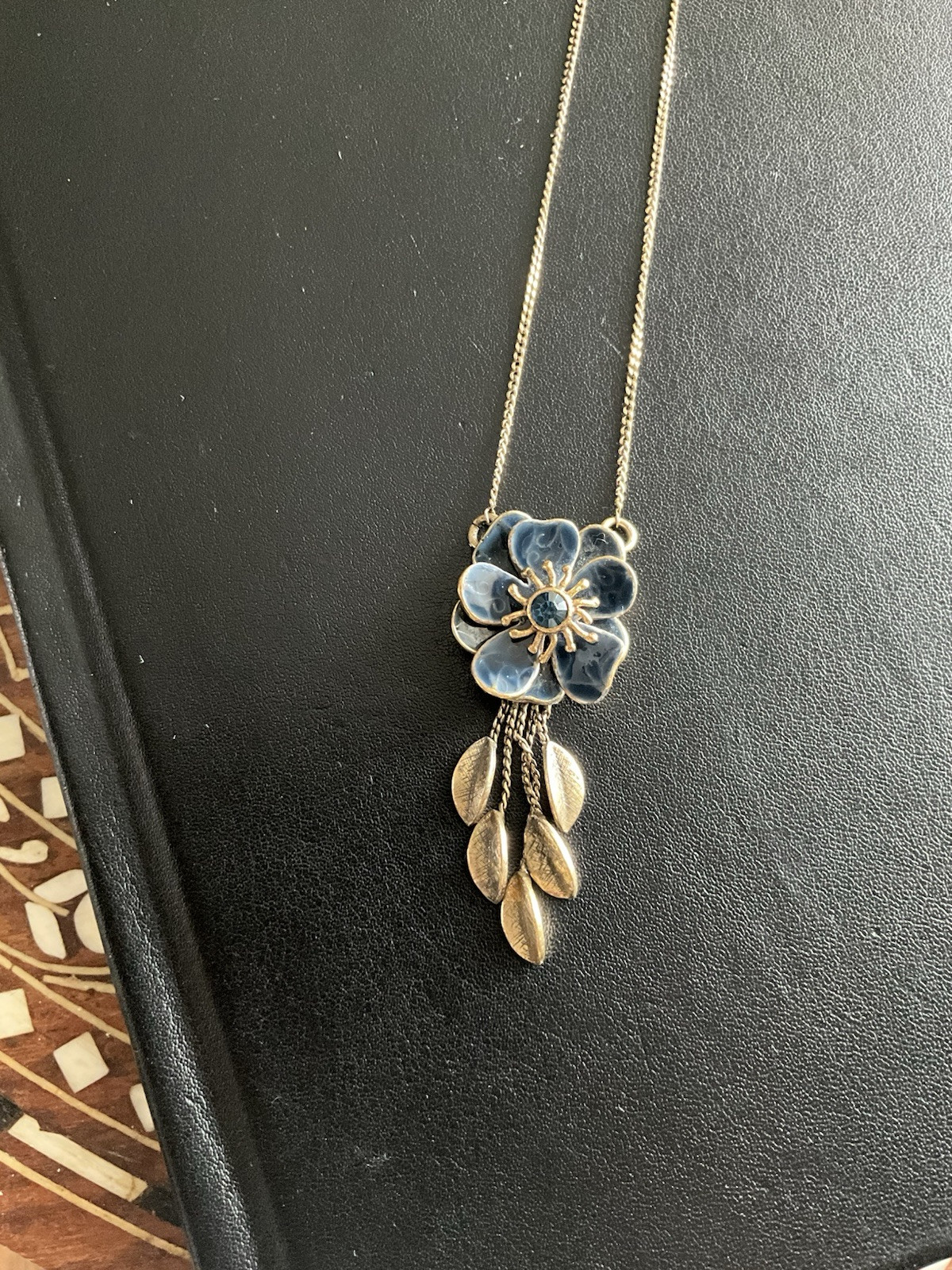 Double Signed Pilgrim Gold Tone Necklace With Blue Enamel Flower Rhinestone Ctr