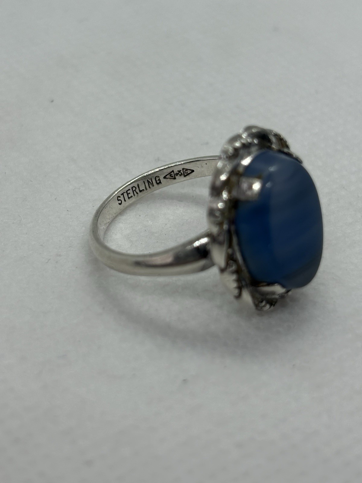 Vintage Clark & Coombs Sterling Silver Blue Lace Agate Statement Ring Size 6.5
