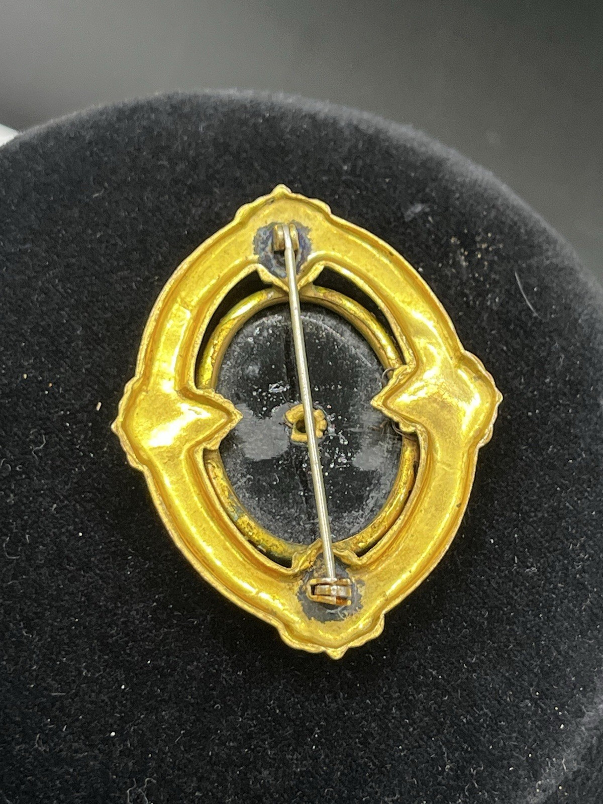 Victorian/Mourning Style VTG. Repousse Brass Black Glass Brooch Faux Pearl 2 1/8