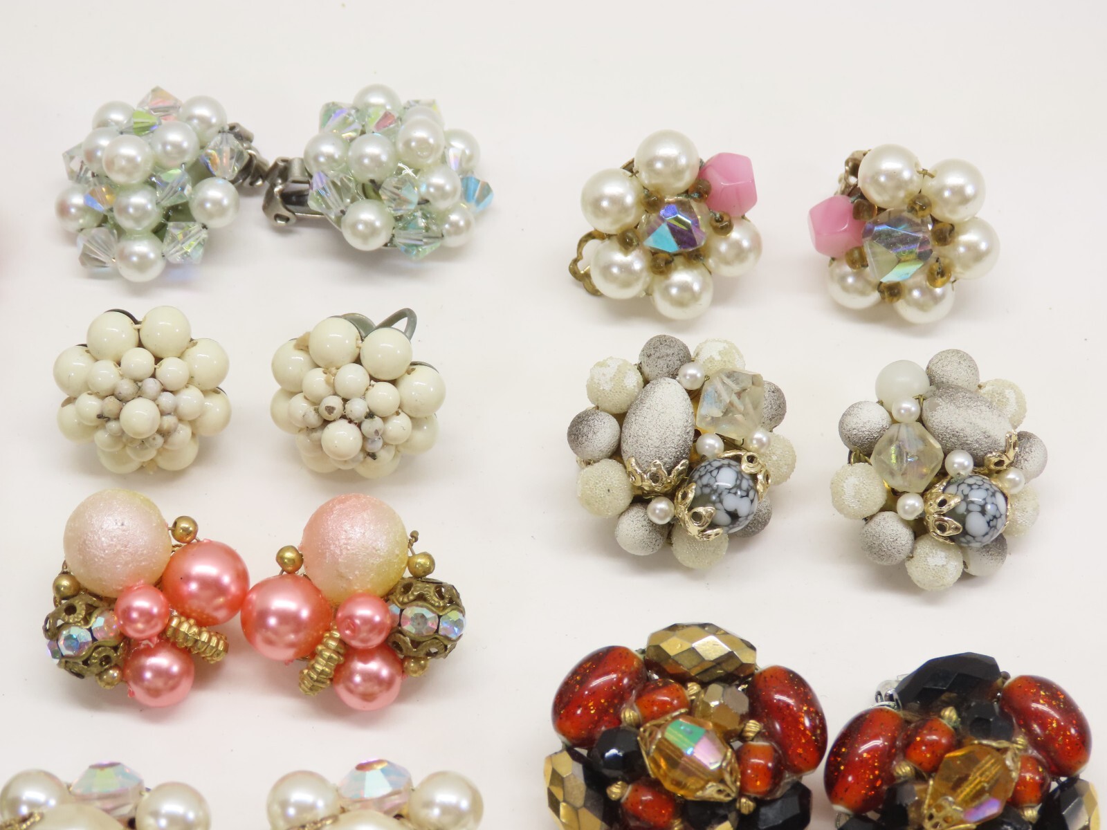 VTG Earrings Cluster Bead Clip On Some Japan Faux Pearl Lucite Plastic + D2542