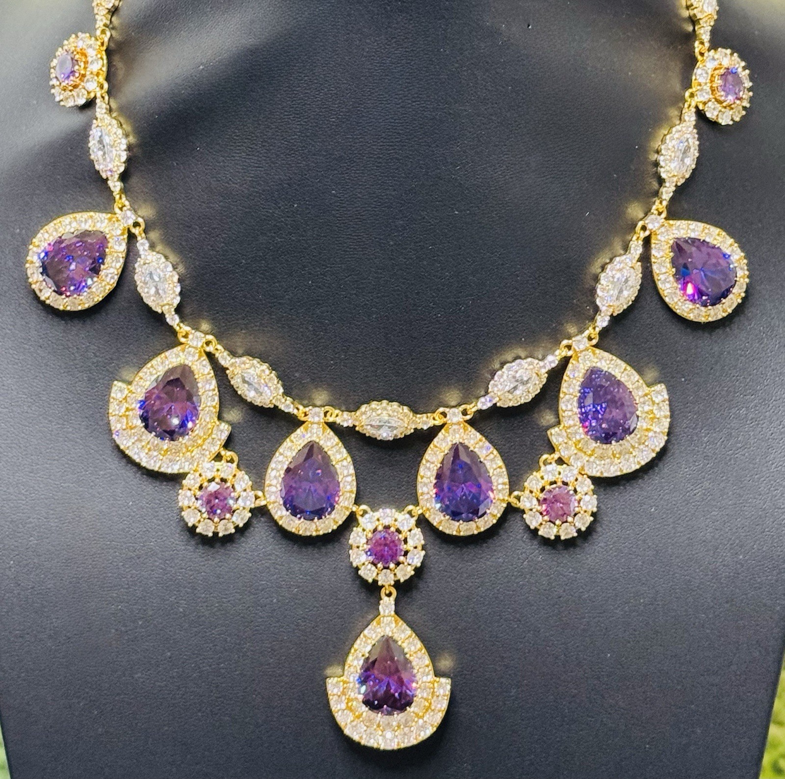 Ciner Signed Purple & Clear Crystal Rhinestone Drop Necklace 1960s