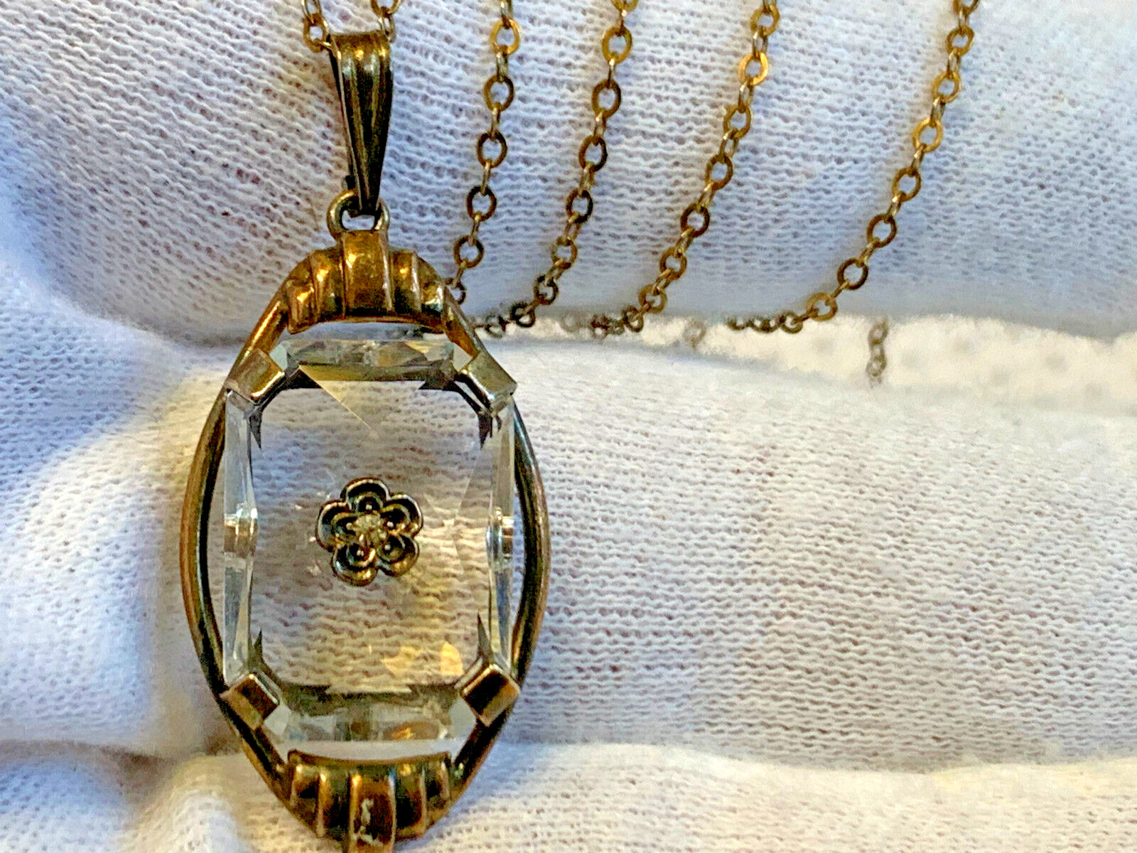 Vtg Gold Filled Necklace 18″ Jewelry Cable Chain Clear Stone Pendant