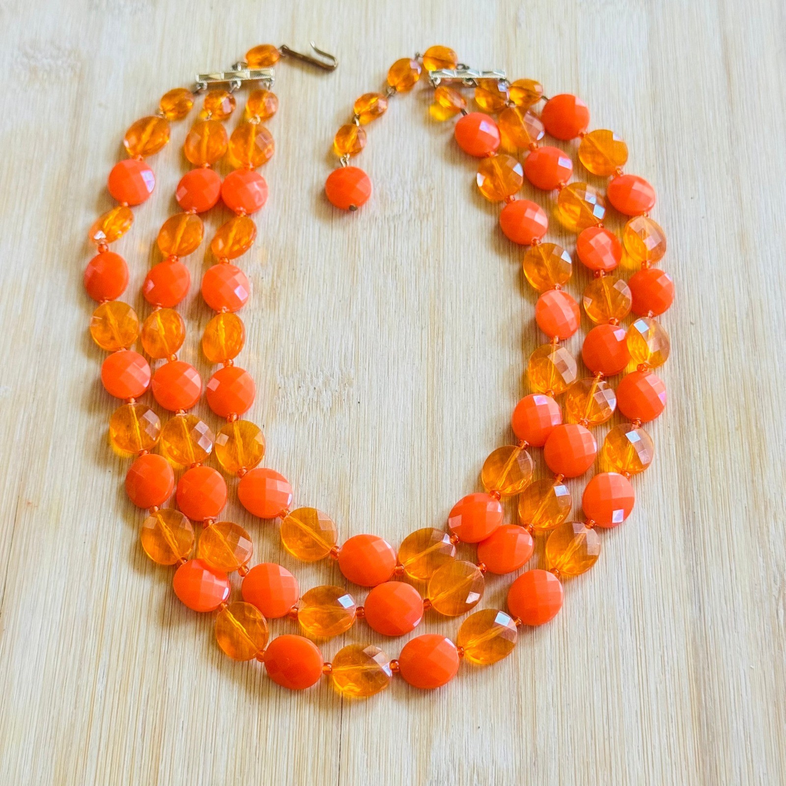 VTG Orange Lucite Beads Multi BIb Necklace Hong Kong Triple Strand Statement 50s