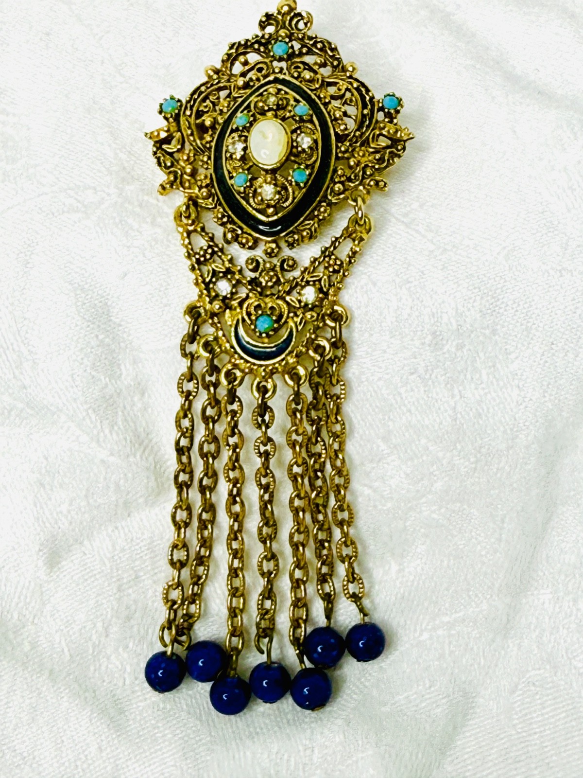 Vintage Florenza Filigree Brooch • Gold-Tone Fringe • Turquoise/Opalette