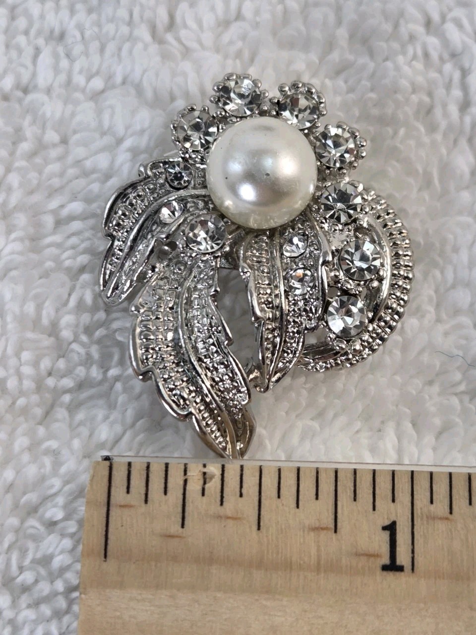 Vintage Silver Leaf Faux Pearl Flower Brooch with Rhinestones 1.25 inch