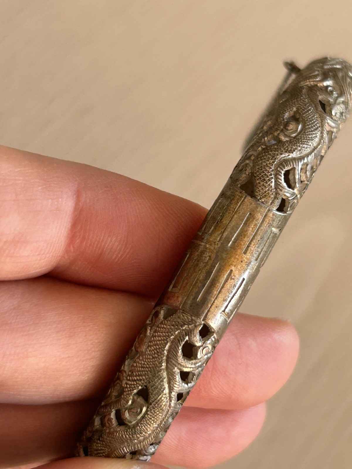 Antique Saigon Argent Dragon Silver Hinged Bangle Bracelet 1920s Art Deco