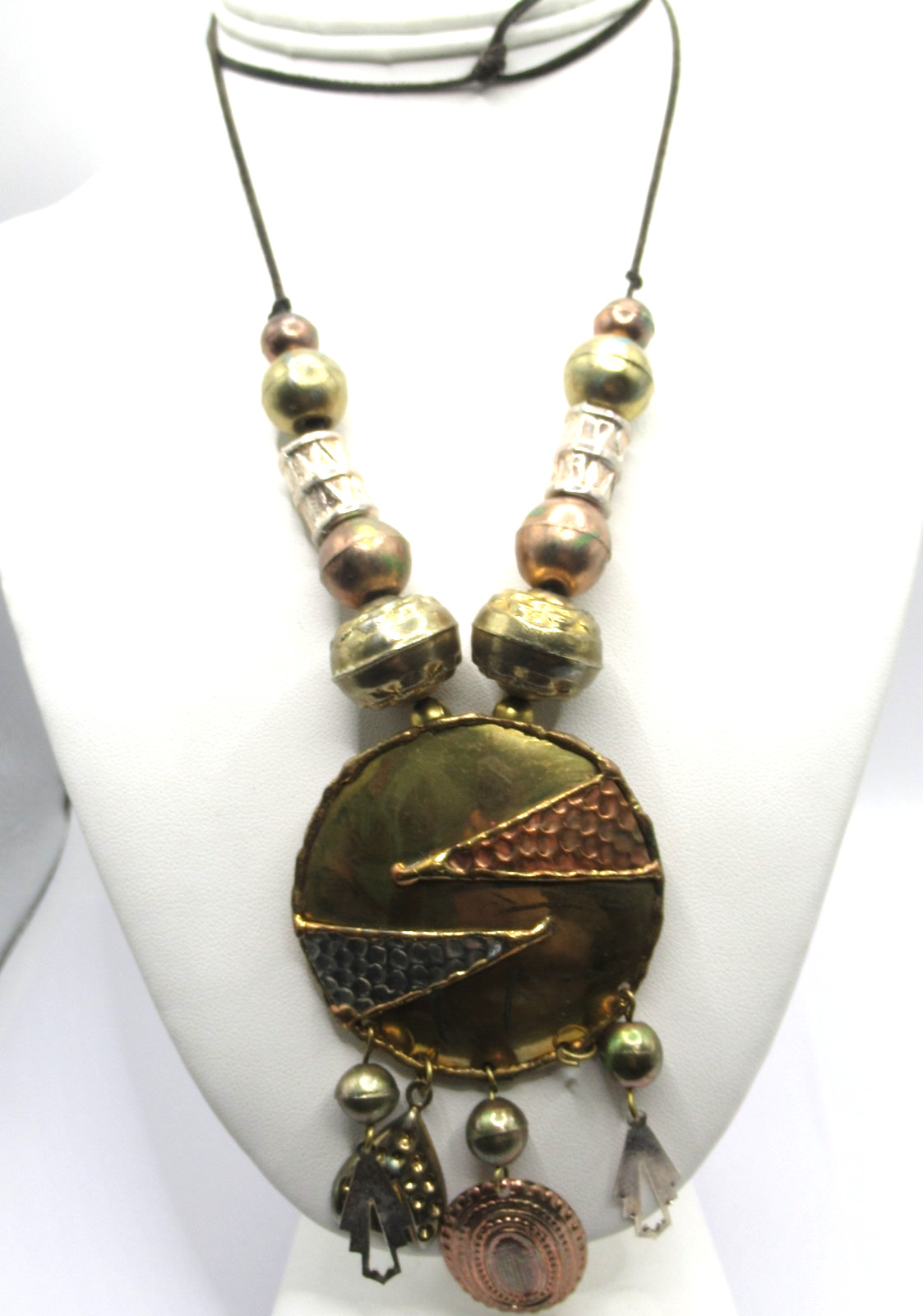 Mixed Metal Brass Pendant and Plastic Beads Boho Necklace