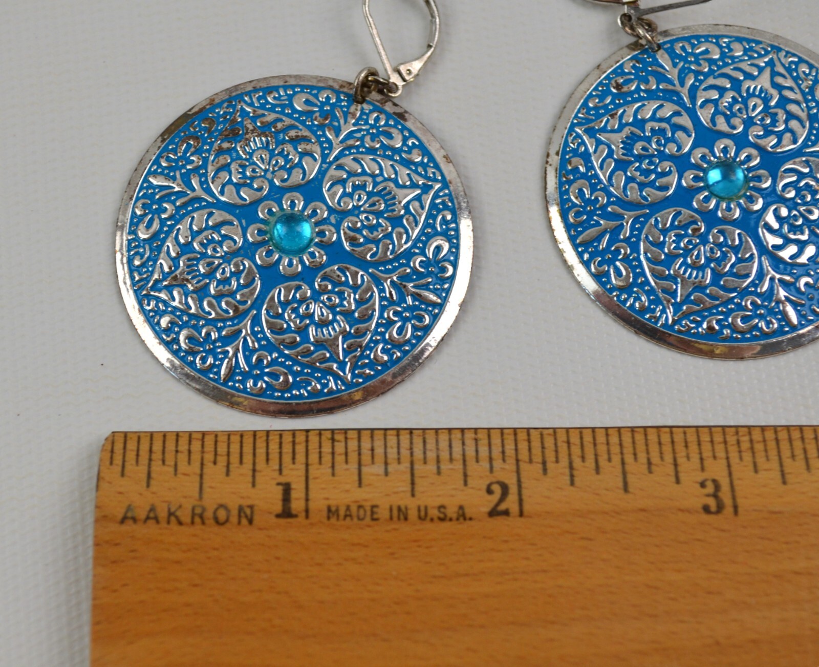 Silver Tone Pierced Wire Hook Earrings Large Round Blue Medallion 1.75″ Across