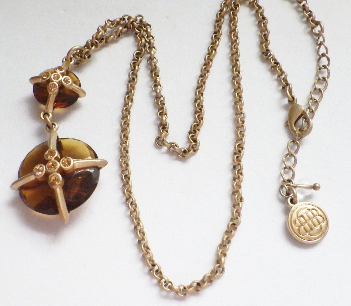 Vtg Signed BASTIAN BROTHERS Golden Brown Topaz Crystal Pendant Drop Necklace 19″
