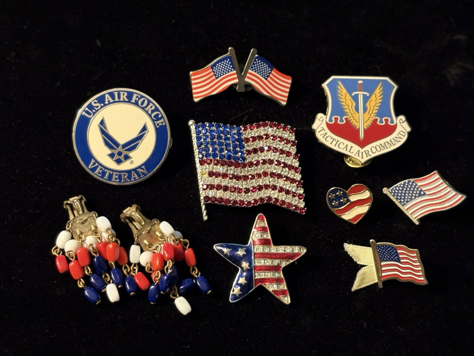 Vintage Patriotic & Military Themed Jewelry Pins Brooches Earring 9pc Estate Lot