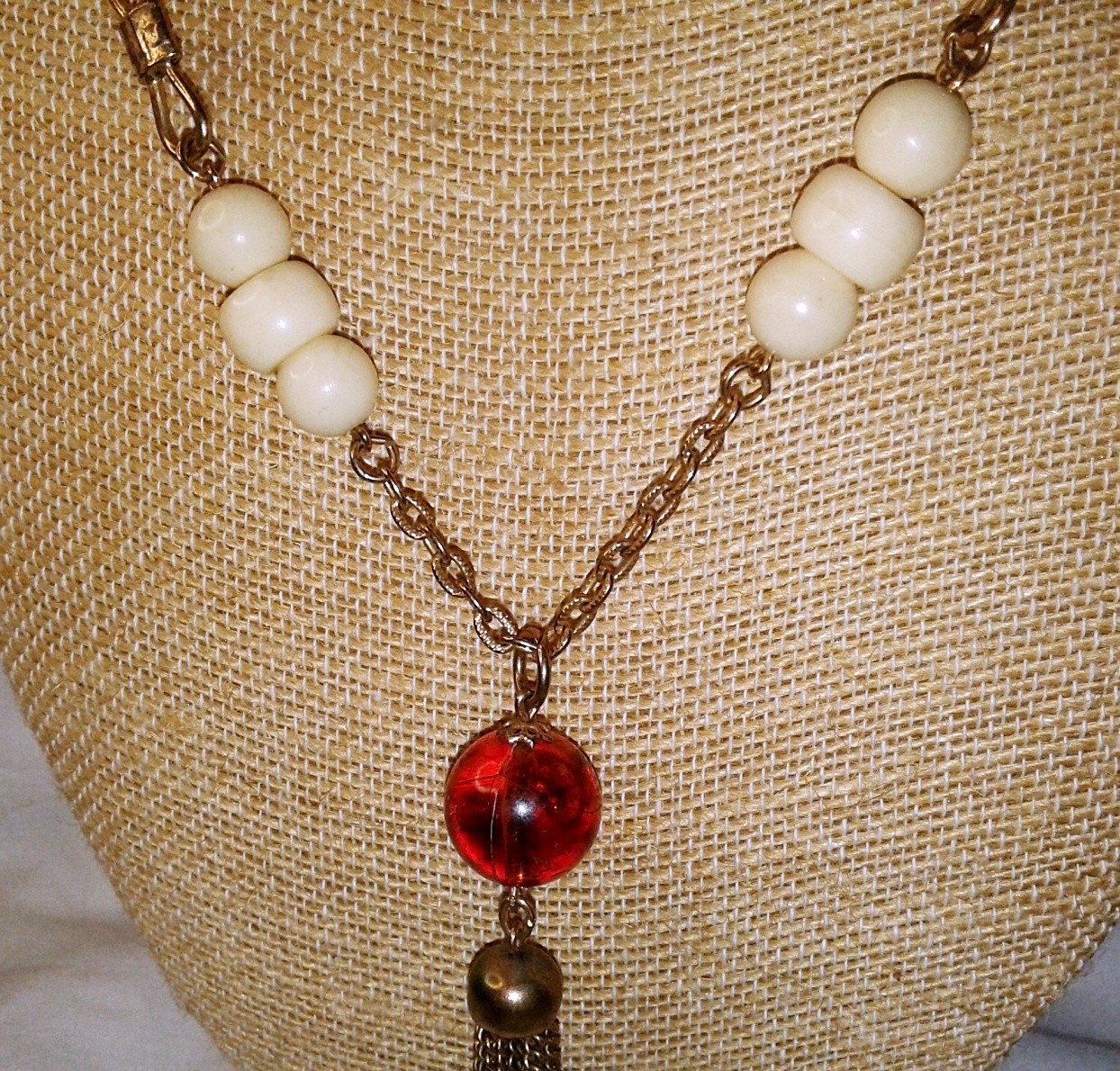 Vintage Tassel Necklace Y-Drop Brass Root Beer Cream Lucite Gold Plated MCM