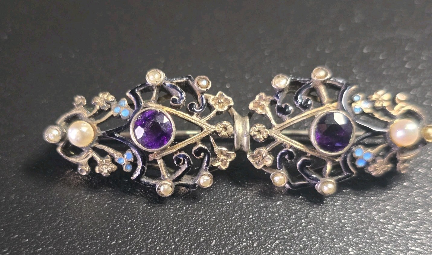 Antique Art Deco Silver Czech Glass & Seed Pearl Enamel Brooch