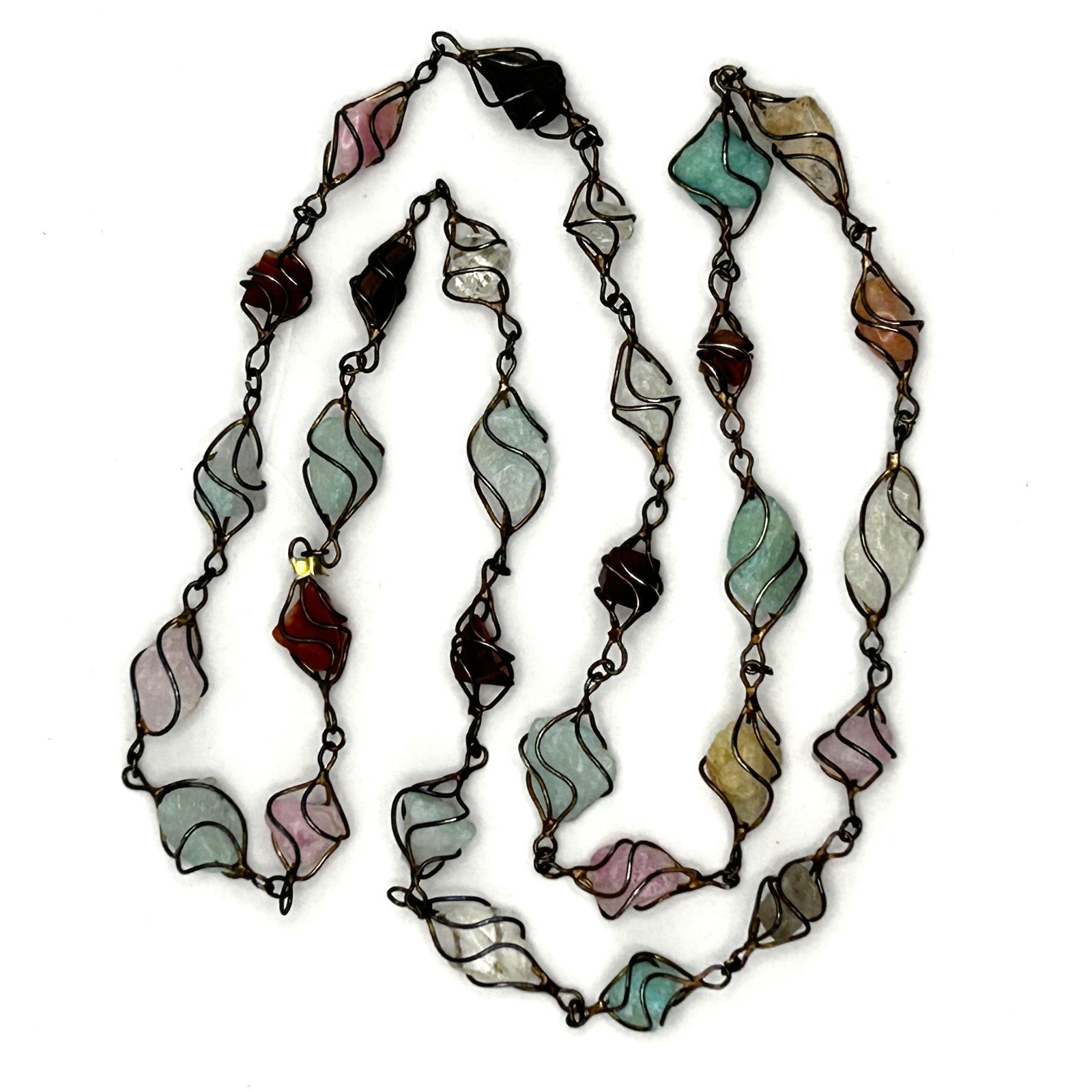 Vintage Gemstone Wire Wrapped 30” Necklace Garnet Jadeite Quartz Artisan Boho