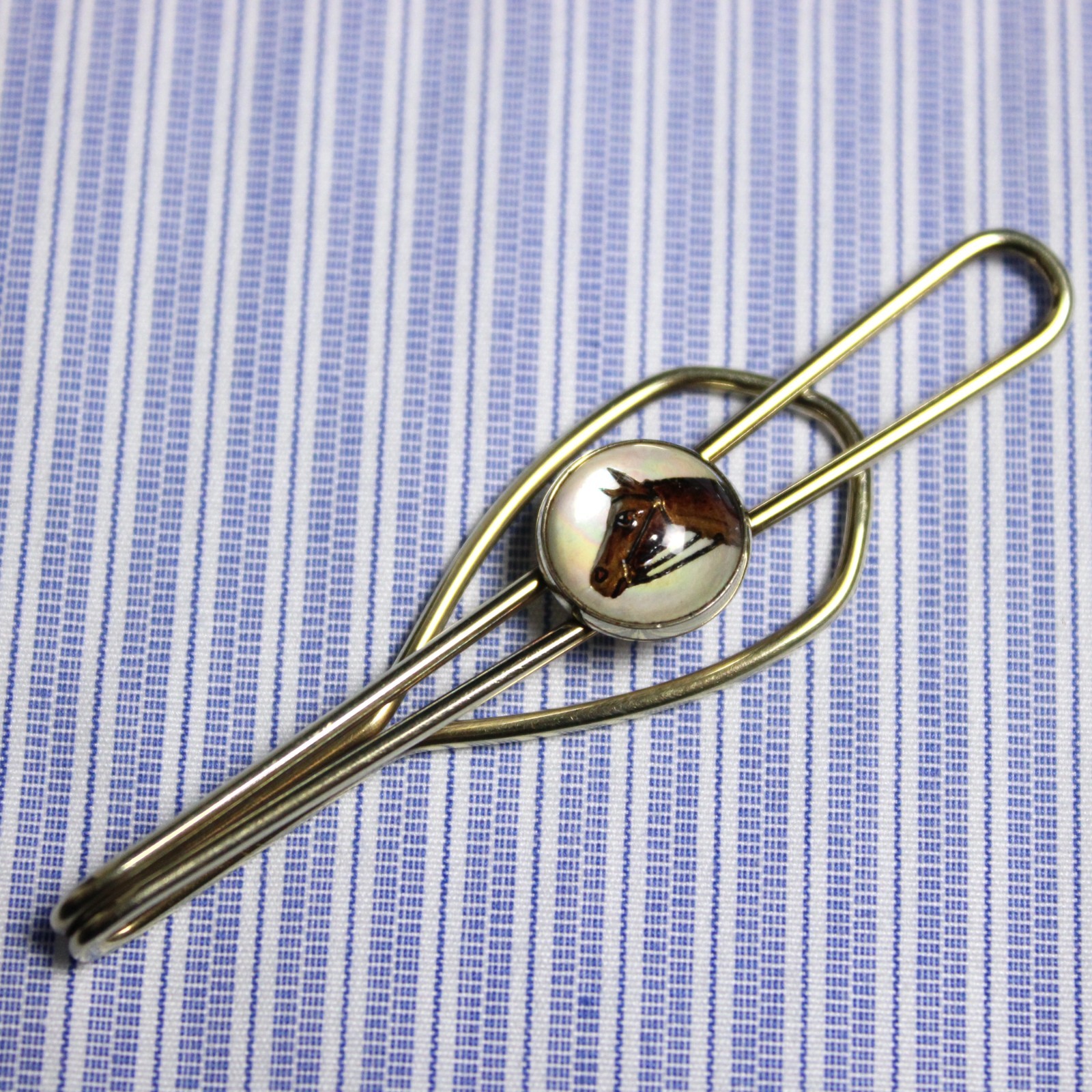 Vintage 1930s Krementz Hand Painted Horse Head Crystal Rolled Gold Tie Clip Bar