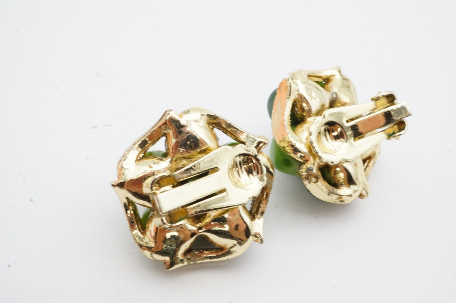 Vintage Clip On Earrings Gold Tone Green Stone