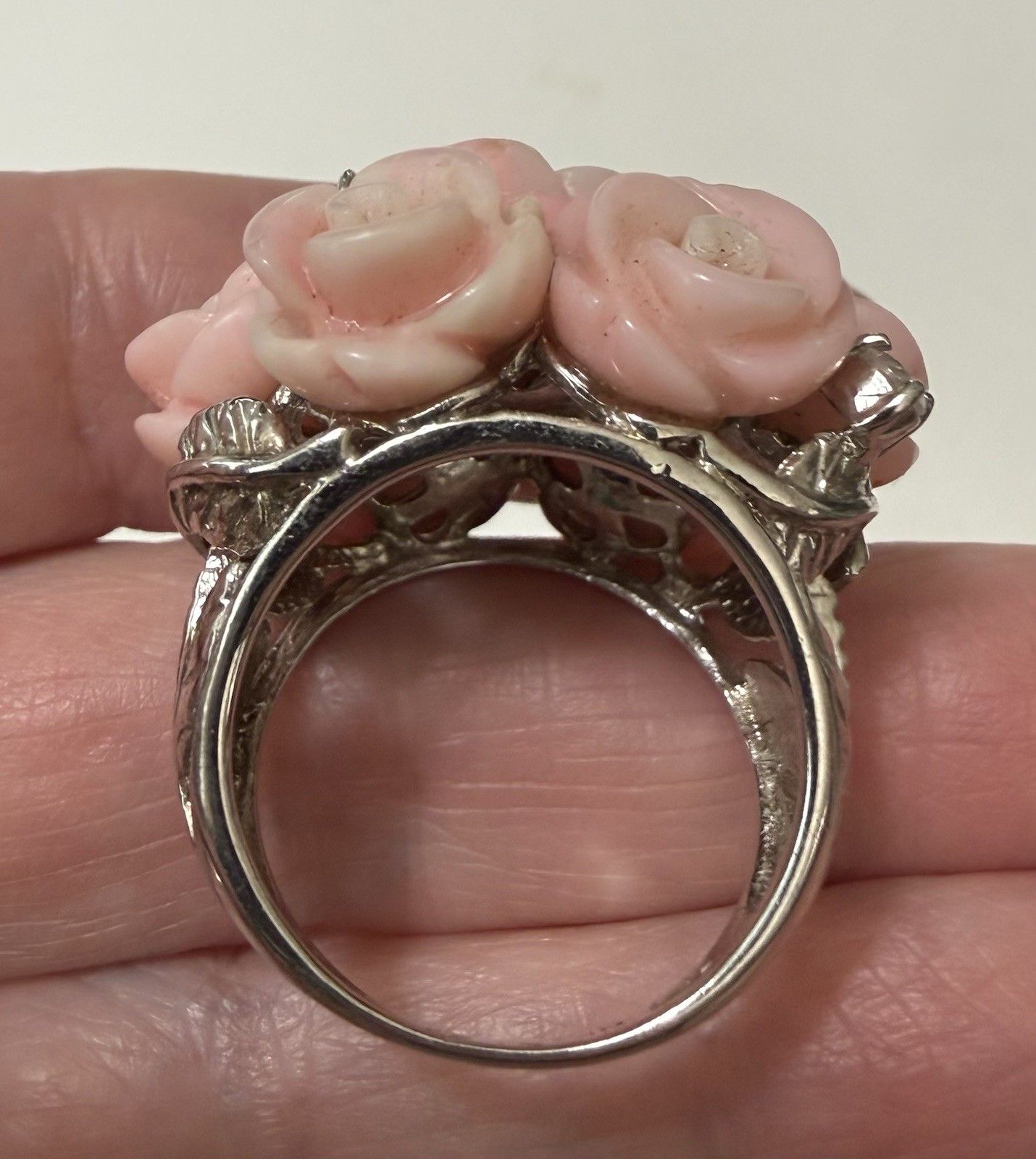 1990s Sterling Silver Angel Skin Coral Roses White Topaz Necklace Ring Sz 9 Set