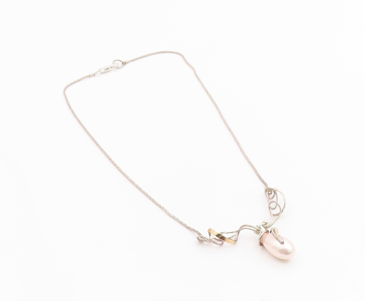 14k Gold & 925 Sterling Silver Vintage Necklace Elegant Pearl & CZ Drop NE4861