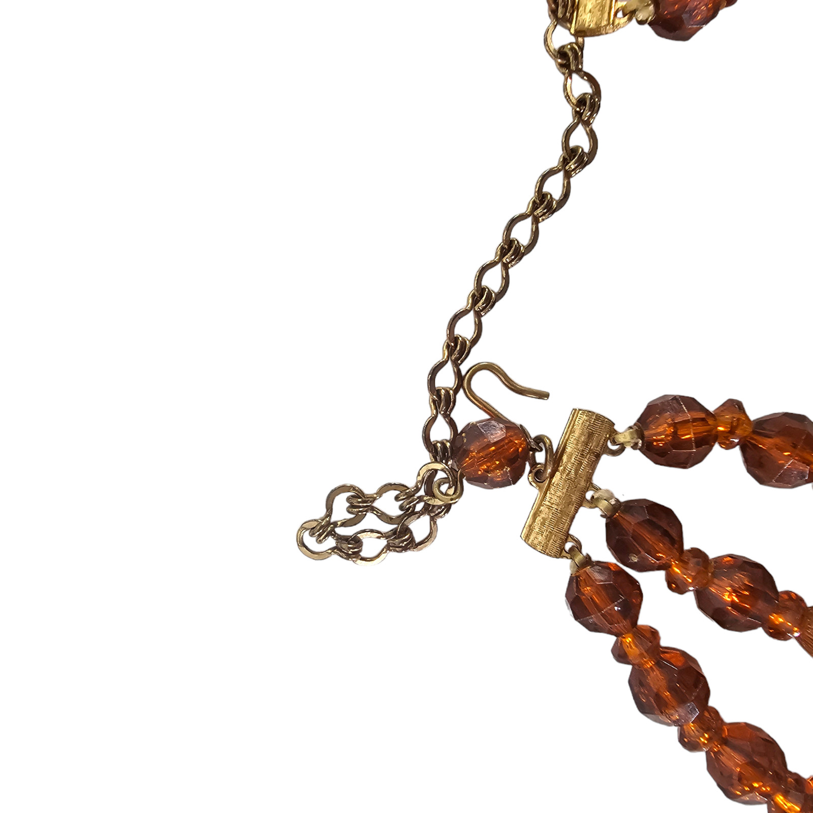 VTG 3-Strand Amber Color Bronze Bead Necklace Lucite & Glass Jewelry 14″