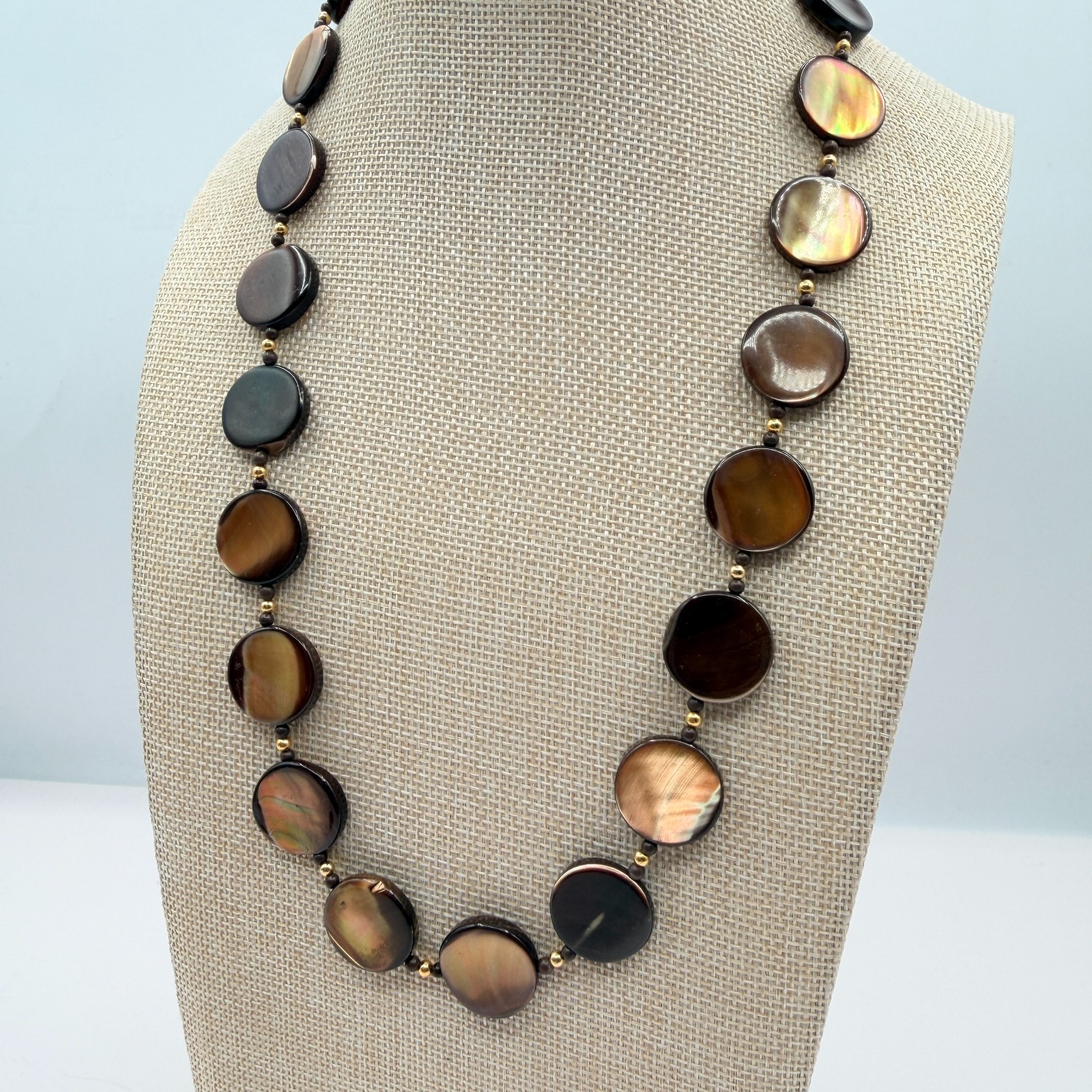 Vintage Golden Brown Shell Disc Necklace MOP Retro Boho 90s Chunky Statement